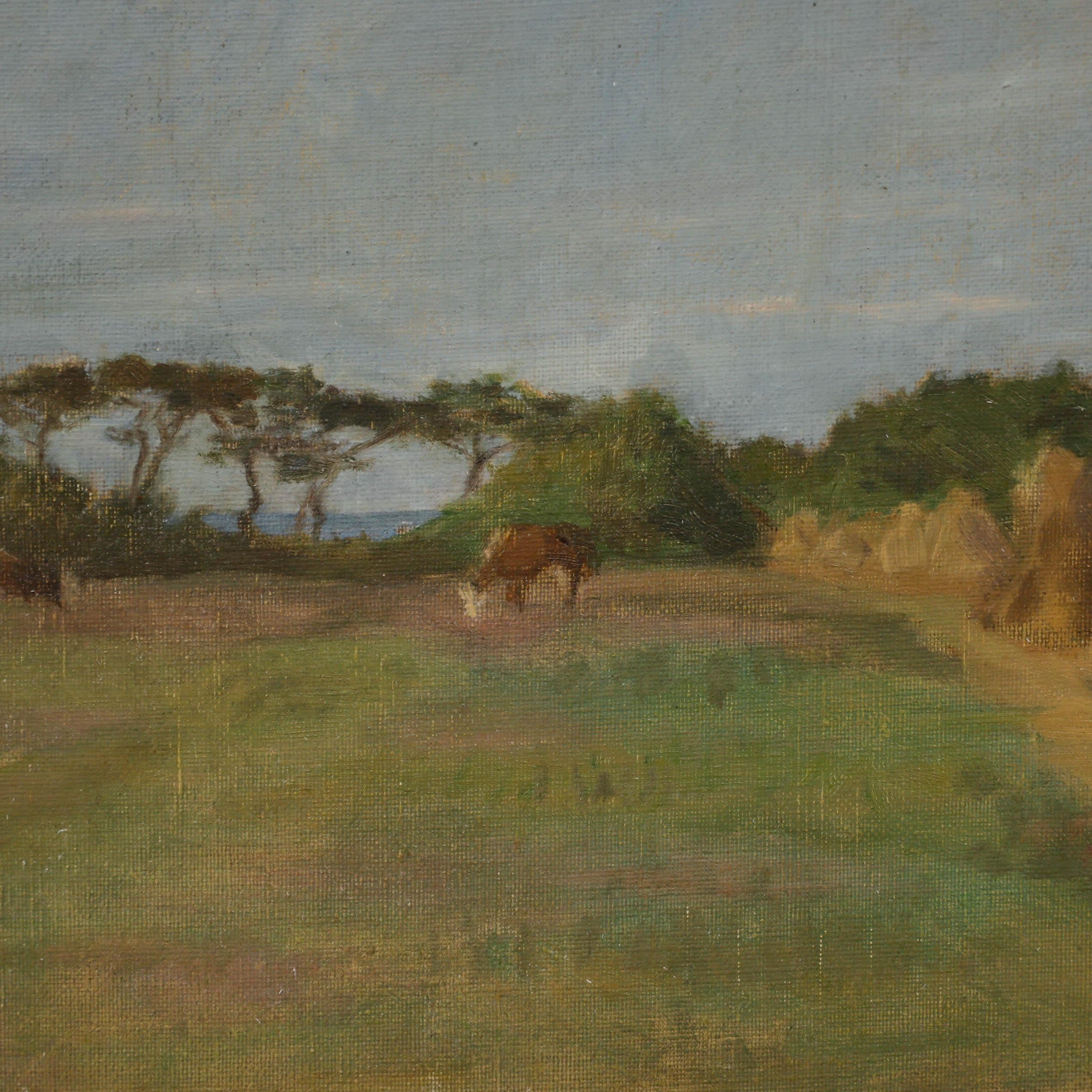 Cecile Hertz-Eyrolles (1875-1974), Óleo sobre lienzo. Paisaje estival con estoques dorados y varias reses pastando. Presentado en un elaborado marco de efecto dorado con ornamentación floral y de acanto. Sin firmar. Sello del Studio A en el verso. 