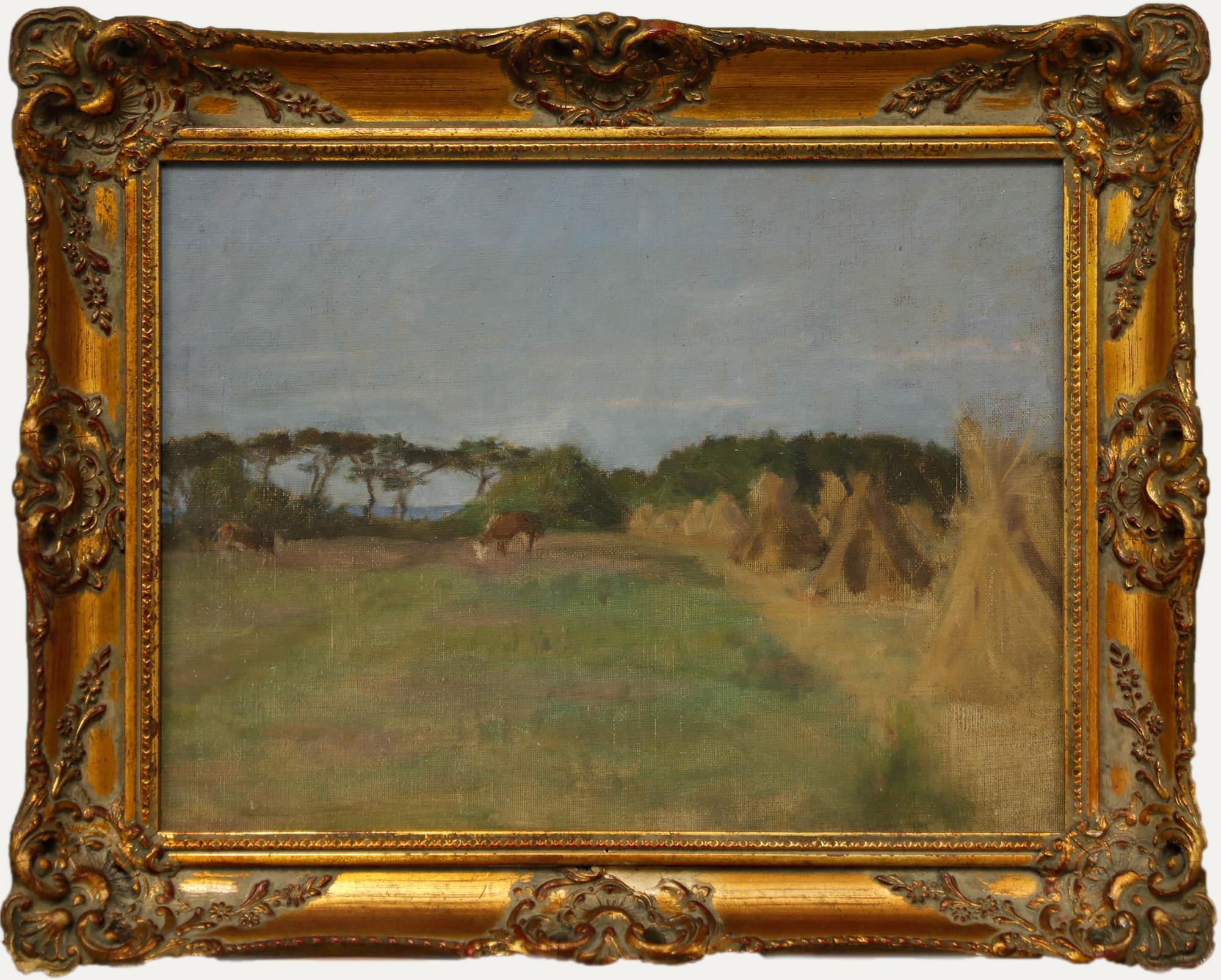 Landscape Painting de Unknown - Cecile Hertz-Eyrolles (1875-1974) - Óleo enmarcado, Estoques en campos de verano