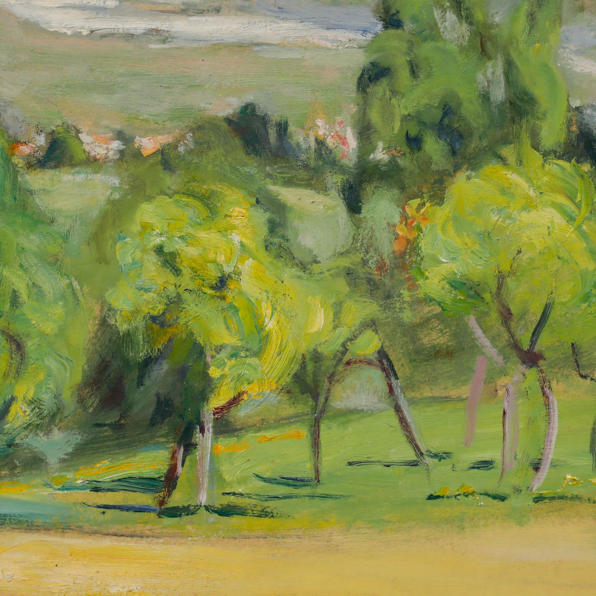 Cecil Hertz-Eyrolles (1875-1974), Öl auf Karton. Eine weitläufige alpine Landschaft mit einer Sommerhütte im Vordergrund, die einen atemberaubenden Blick auf die Berge und das Tal bietet. Gut präsentiert in einem bemalten Holzrahmen. Signiert unten