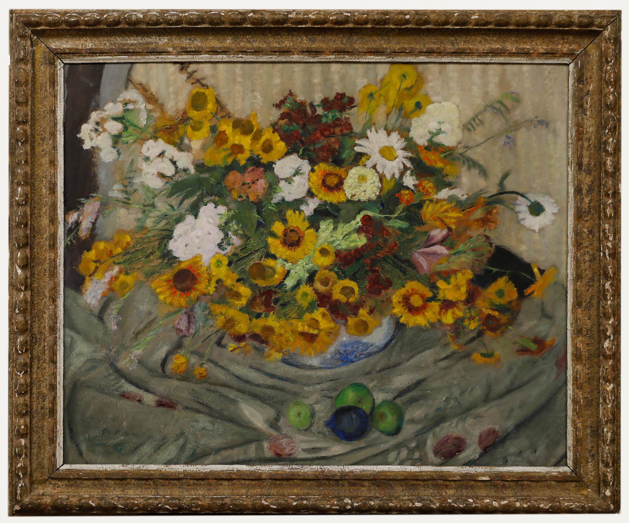 Still-Life Painting de Unknown - Cecile Hertz-Eyrolles (1875-1974) Gran óleo de mediados del siglo XX, Oda a las flores silvestres