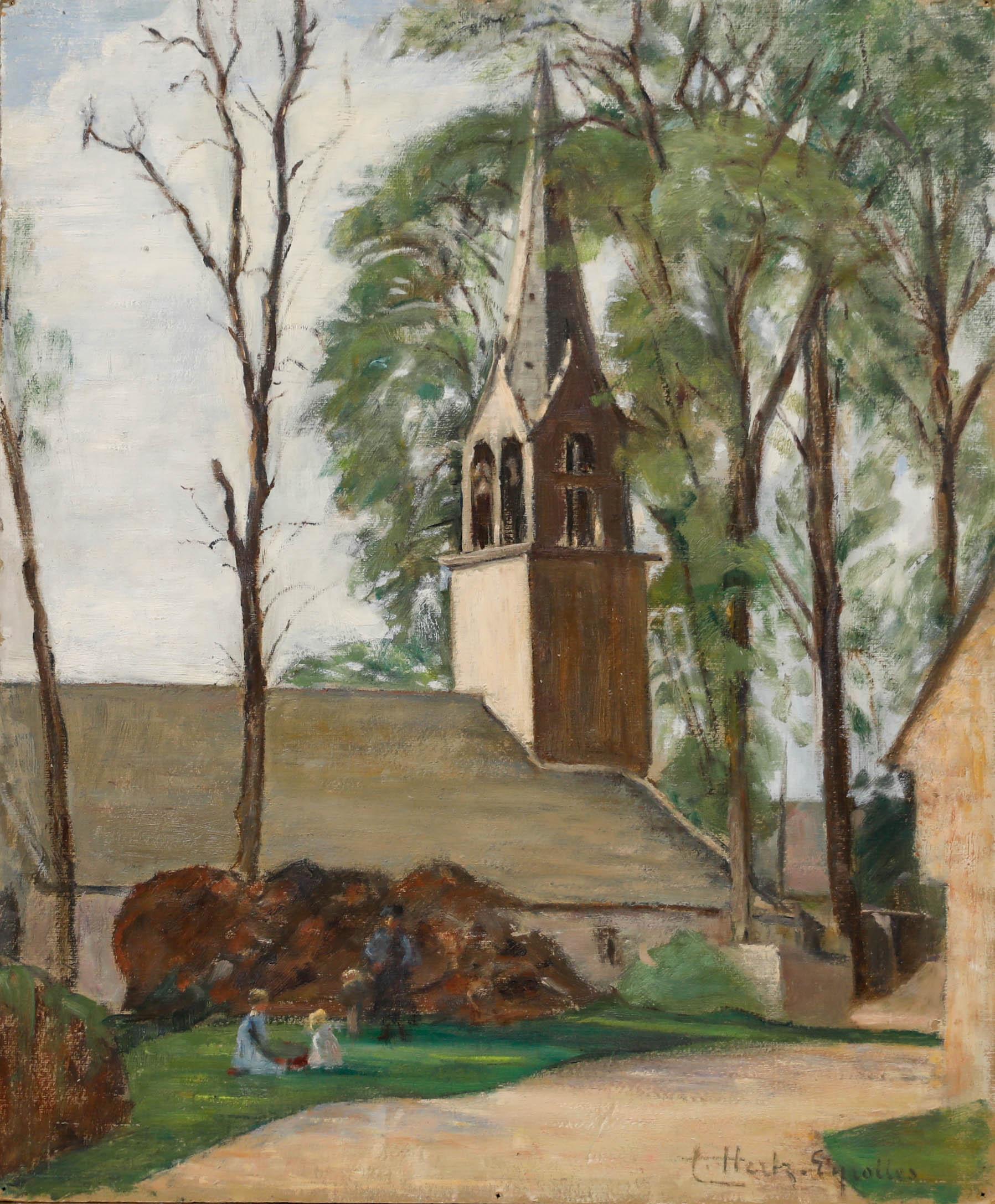 Cecile Hertz-Eyrolles (1875-1974) – Ölgemälde, von der Kirche, Mitte des 20. Jahrhunderts – Painting von Unknown
