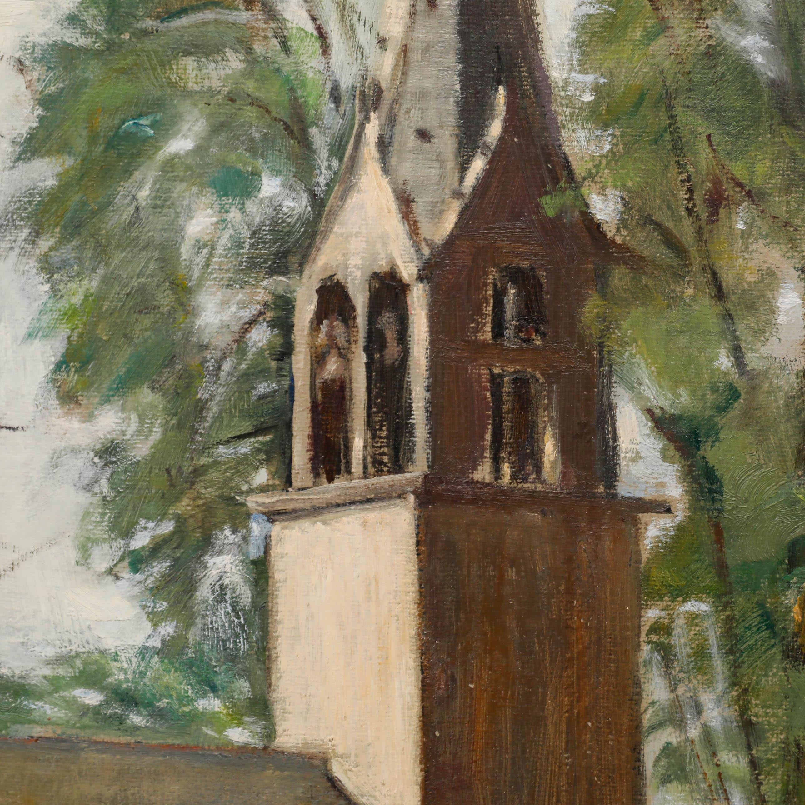 Cecile Hertz-Eyrolles (1875-1974) – Ölgemälde, von der Kirche, Mitte des 20. Jahrhunderts im Angebot 1