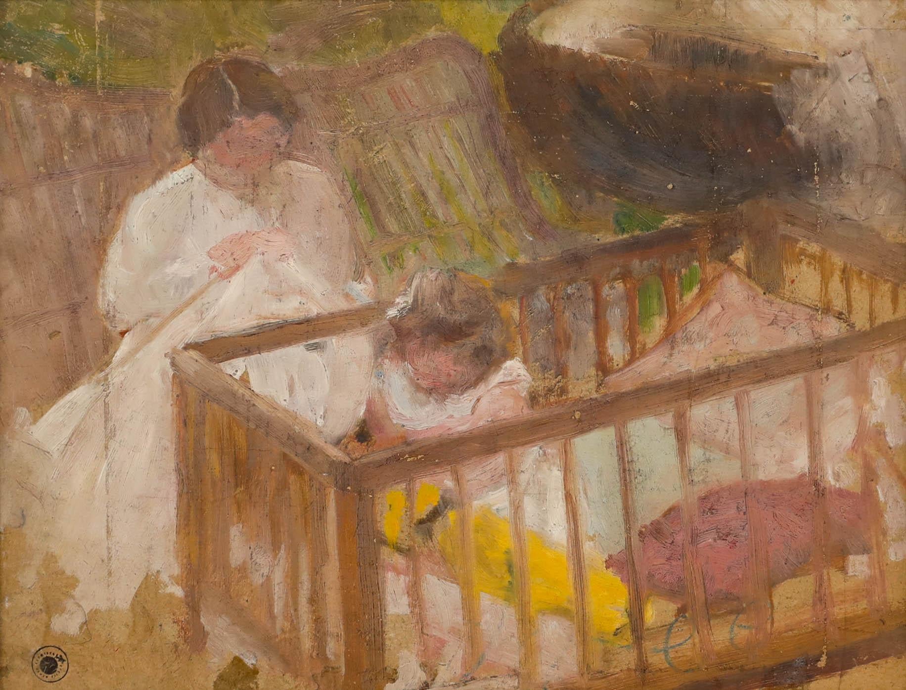 Cecile Hertz-Eyrolles (1875-1974) - Mitte 20. Jahrhundert Öl, Stricken an der Krippe – Painting von Unknown