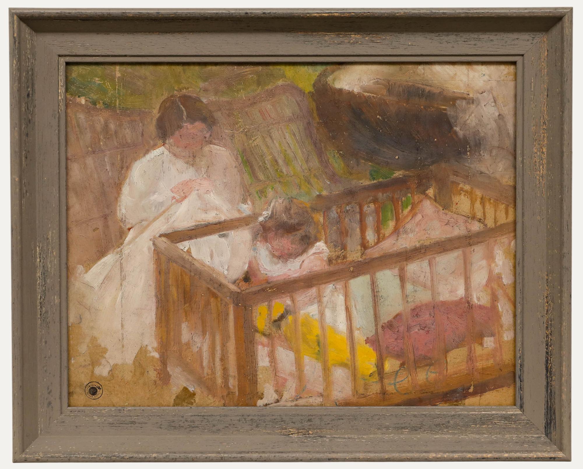 Cecile Hertz-Eyrolles (1875-1974) - Mid 20th Century Oil, Knitting by the Crib