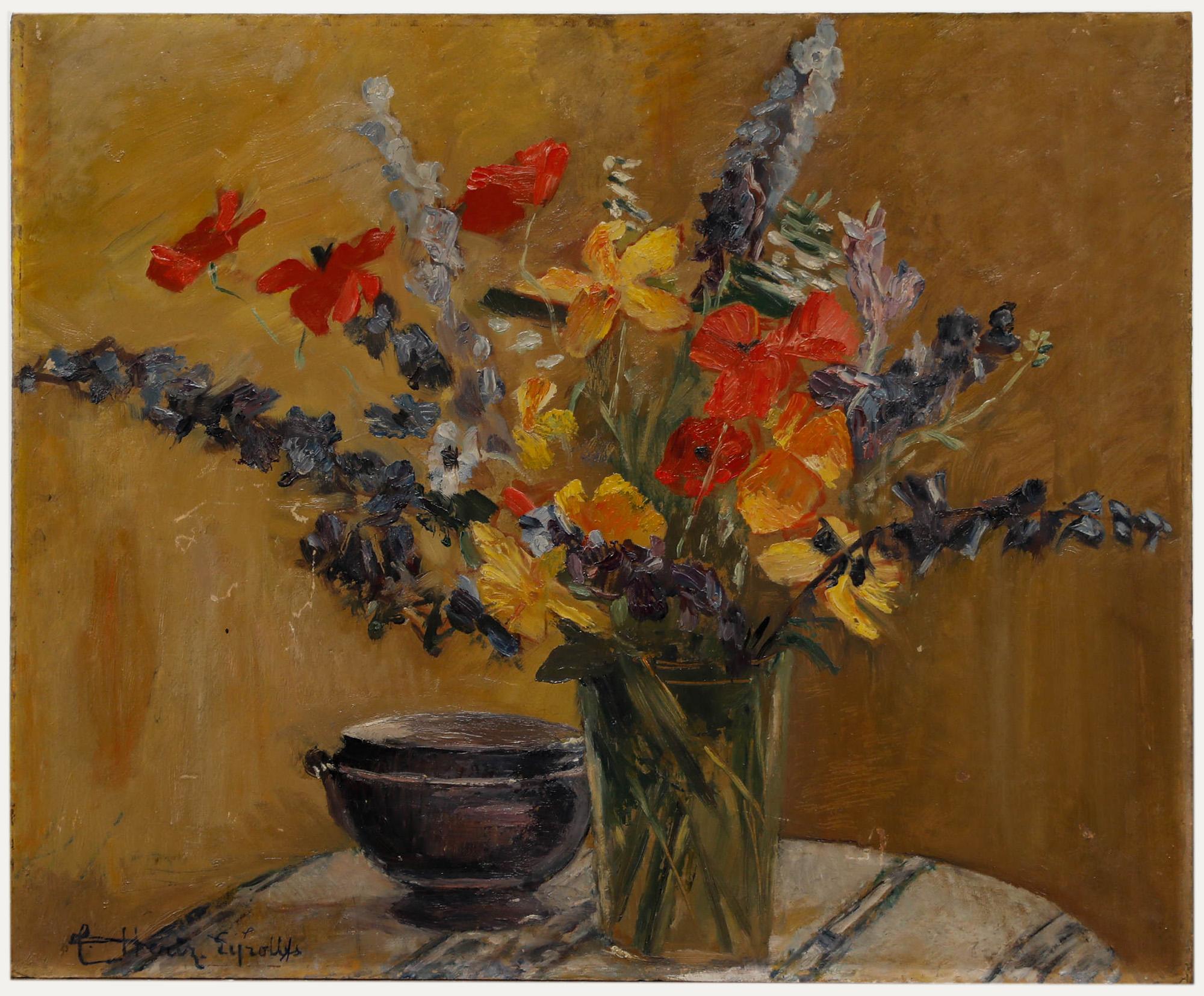 Still-Life Painting de Unknown - Cecile Hertz-Eyrolles (1875-1974) - Óleo de mediados del siglo XX, Flores de finales de verano