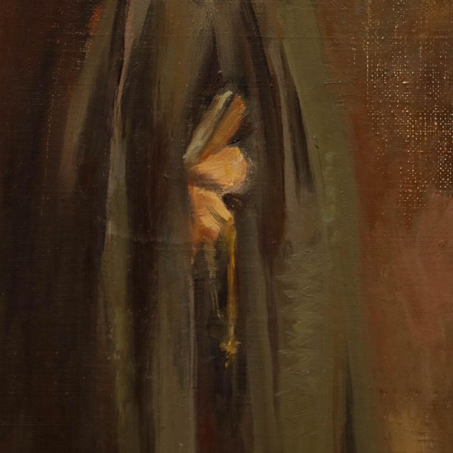 An original oil portrait by Cecile Hertz-Eyrolles (1875-1974), depicting a cloaked nun with her rosary chain in one hand, and bible in the other. Signed to the lower right with the artist's studio stamp visible verso. On canvas on stretchers. 