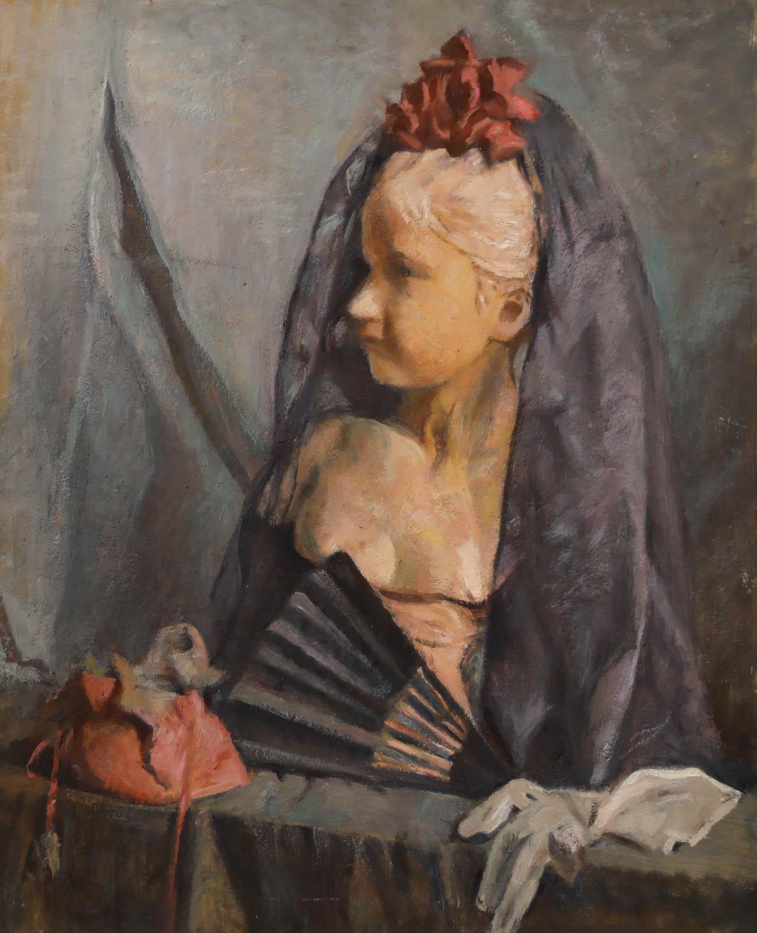 Cecile Hertz-Eyrolles (1875-1974) - Mid 20th Century Oil, Statue, Veil and Fan - Painting by Unknown