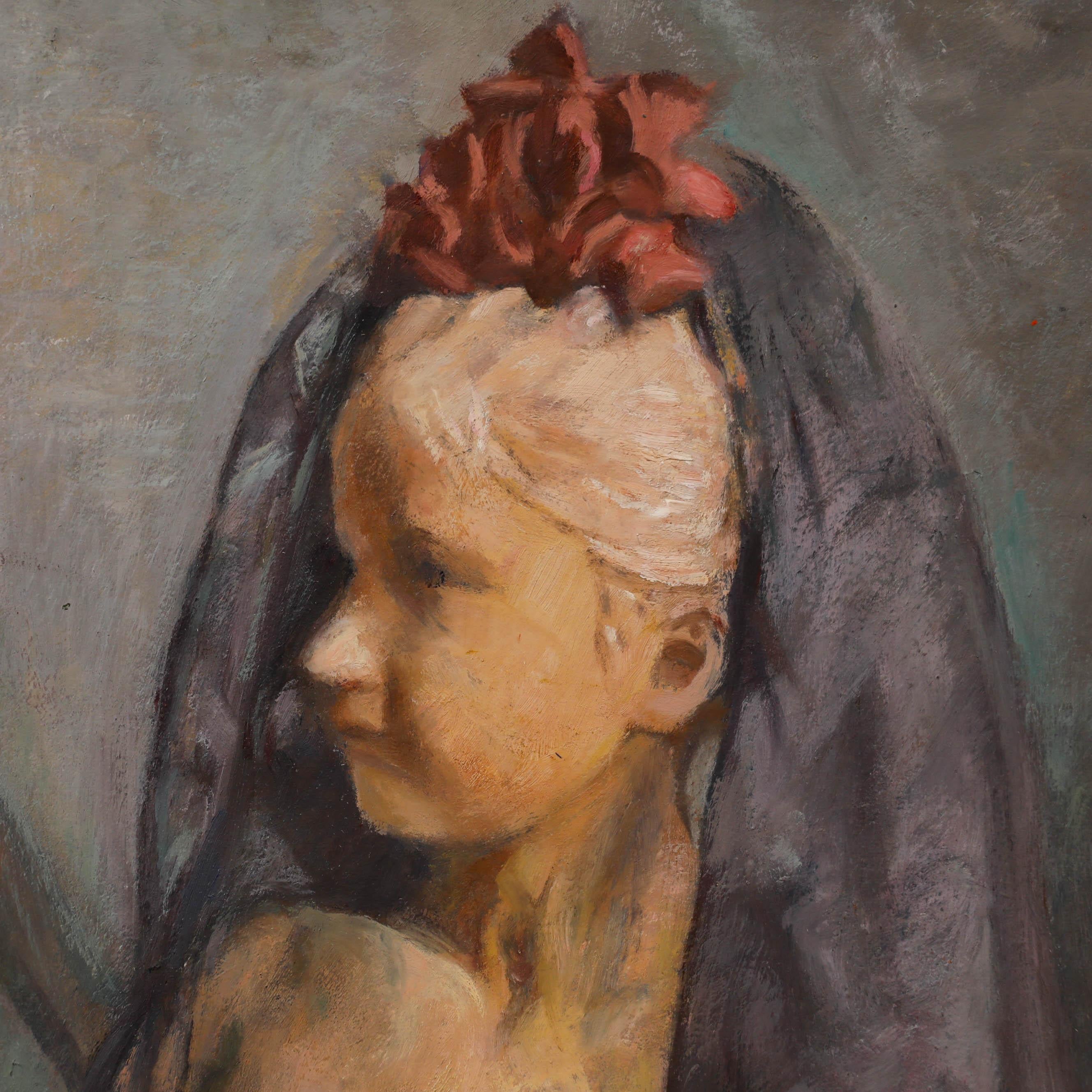 Cecile Hertz-Eyrolles (1875-1974) - Mid 20th Century Oil, Statue, Veil and Fan For Sale 1