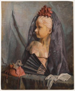 Cecile Hertz-Eyrolles (1875-1974) - Óleo de mediados del siglo XX, estatua, velo y abanico