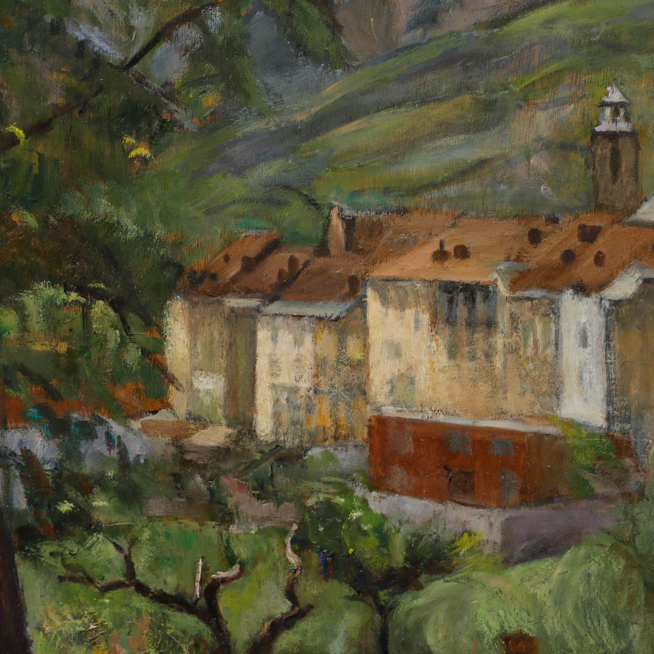 Una encantadora escena continental que representa una ciudad francesa enclavada en un paisaje bucólico. Firmado. Sello del Studio A en el verso. A bordo.