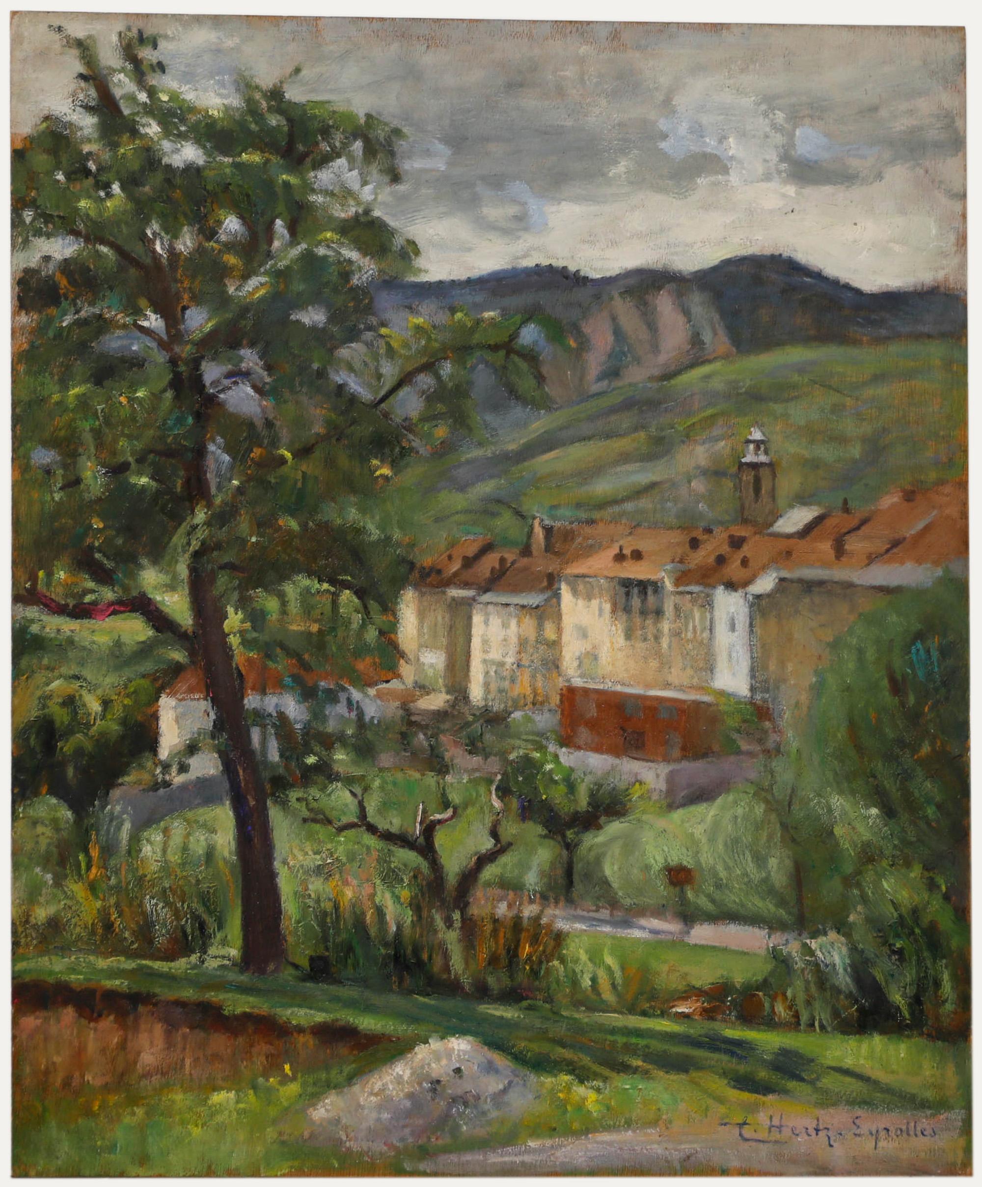 Landscape Painting de Unknown - Cecile Hertz-Eyrolles (1875-1974) - Óleo de mediados del siglo XX, Vista del valle