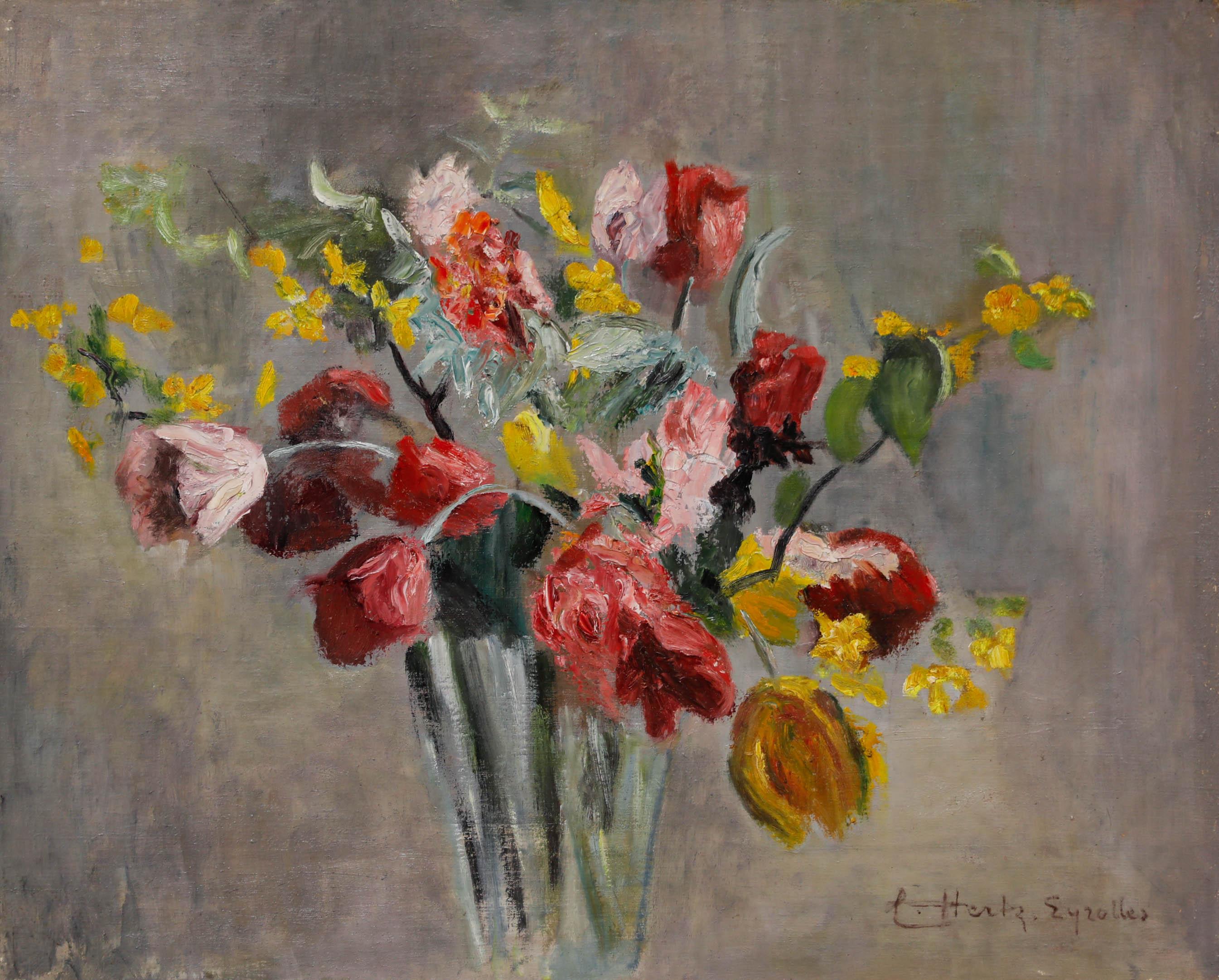 Cecile Hertz-Eyrolles (1875-1974) - Öl, Der rosa-gelbe Blumenstrauß – Painting von Unknown
