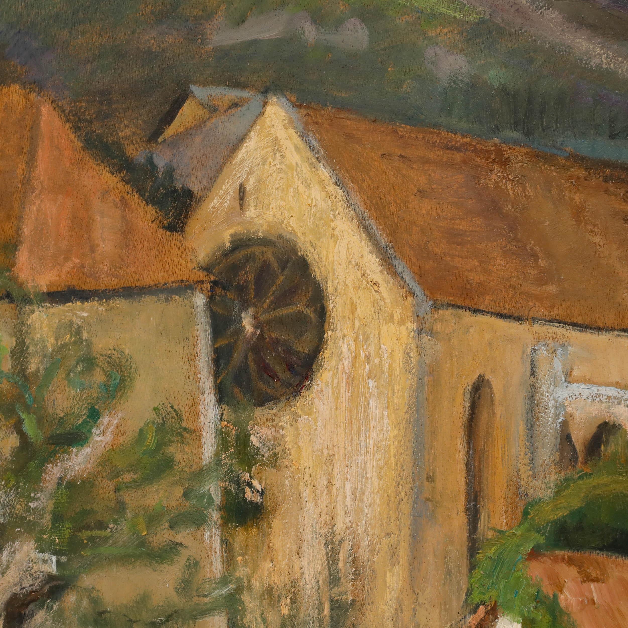 Eine reizvolle Studie, die ein Dorf in den französischen Bergen zeigt, in dem eine Kirche die Gebäude des Kontinents überragt. Studio-Stempel verso. Eine weitere Ölstudie einer Landschaft befindet sich auf der Rückseite der Tafel. An Bord.