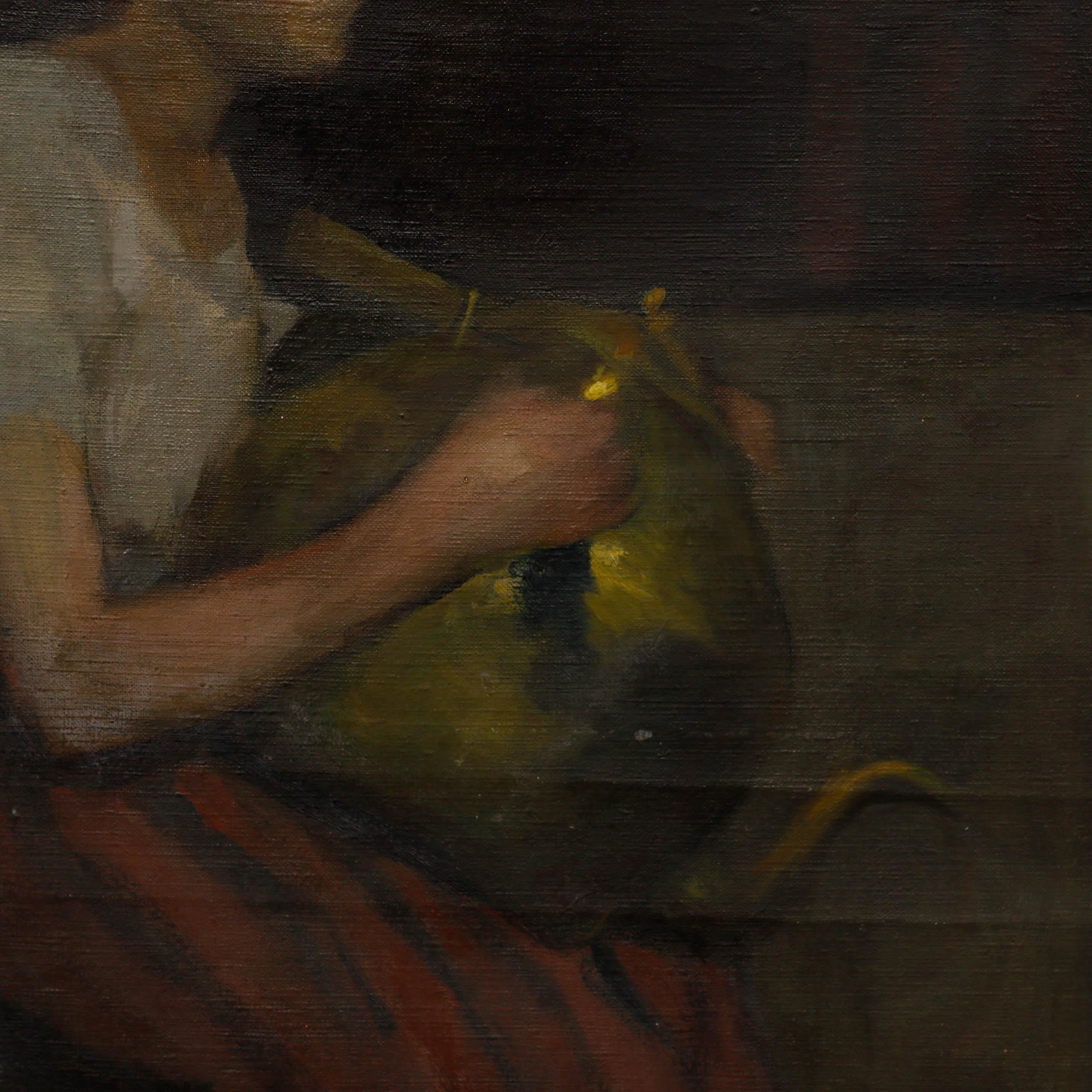 Cecil Hertz-Eyrolles (1875-1974), Ritratto di donna seduta su uno sgabello di legno con in mano un grande samovar di ottone. Olio su tela. Senza segno. Timbro dello Studio A dell'artista sul retro. In barella. 