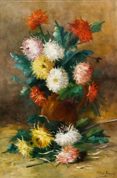Celine Genyn - Framed Early 20th Century Oil, Bouquet of Dahlias