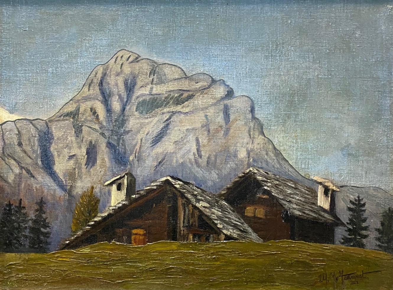 Unknown Landscape Painting - Swiss chalets (1927) - Oil on canvas 35x46 cm