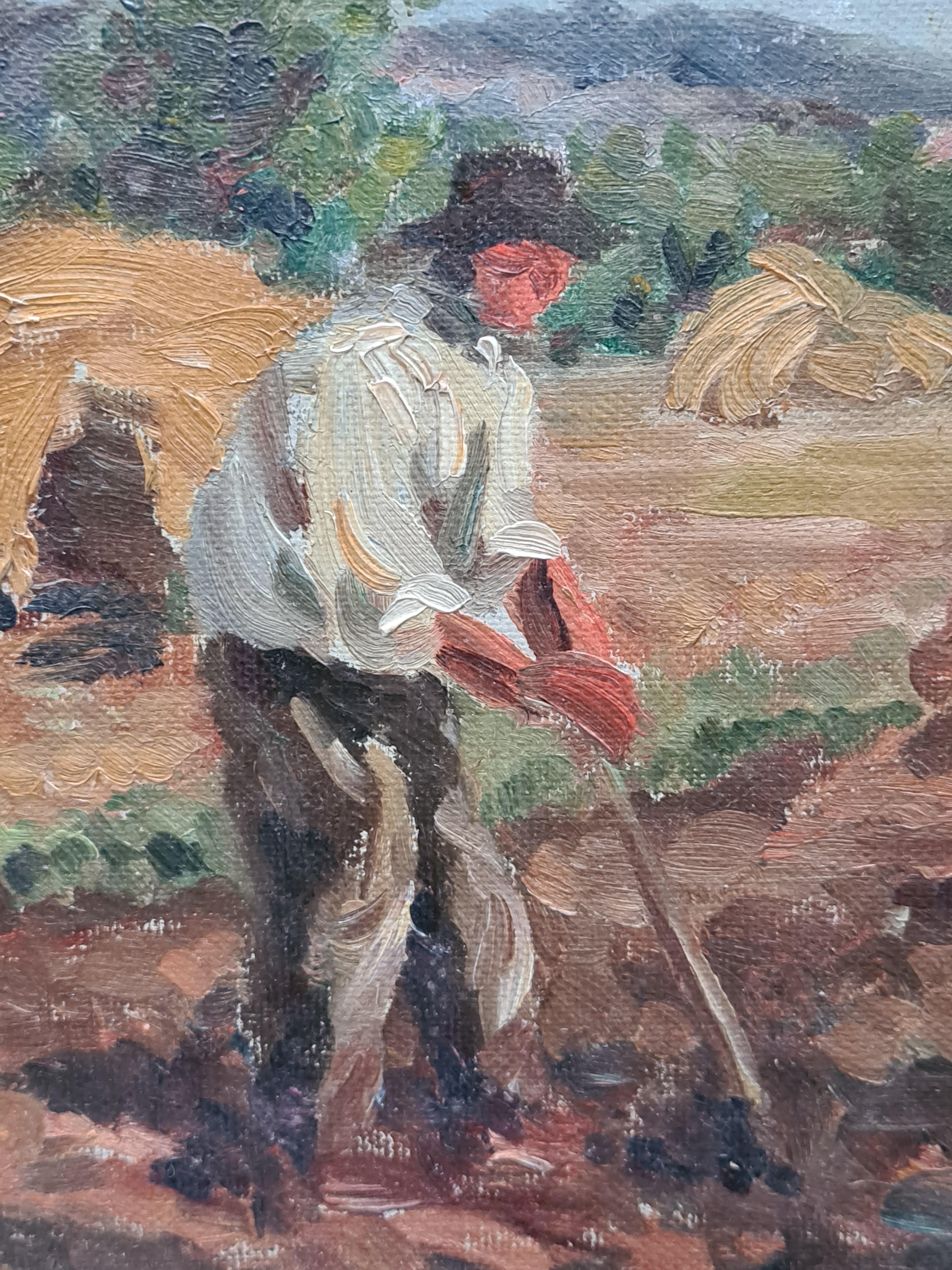 Champs de Blé , Workers in the Field, Barbizon School Oil on Board. - Painting by Unknown