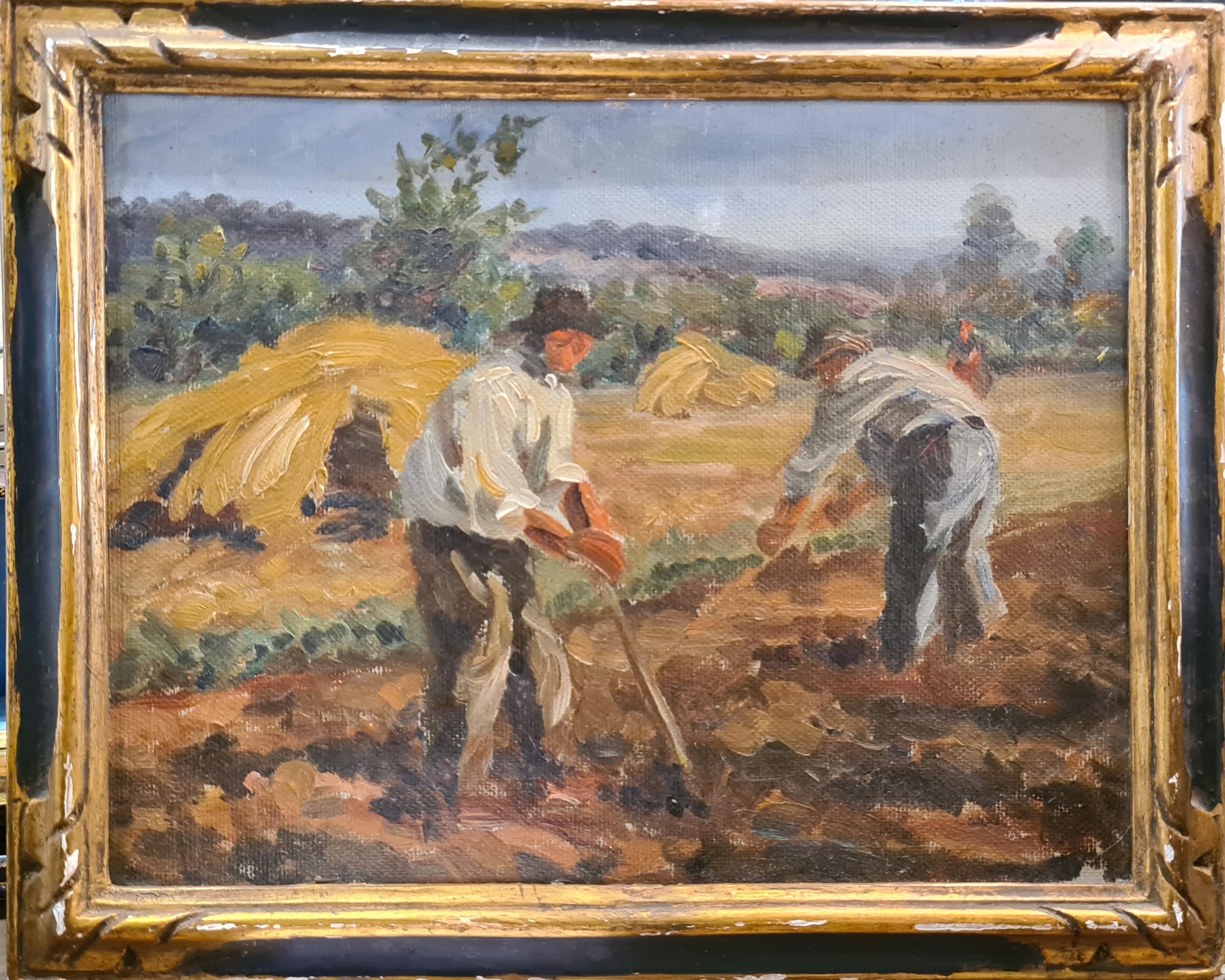 Unknown Figurative Painting - Champs de Blé , Workers in the Field, Barbizon School Oil on Board.