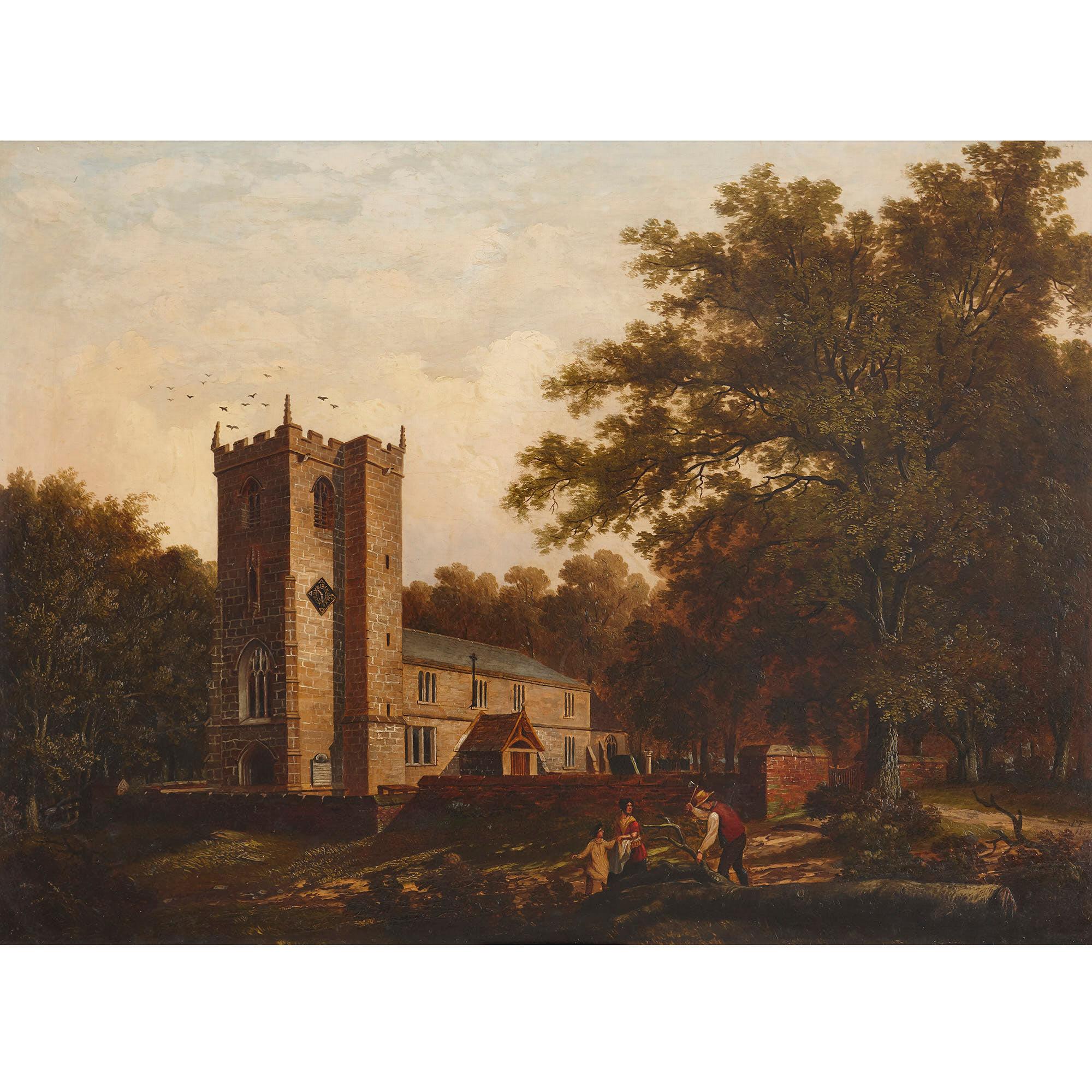 'Chapel in the Woods', oil on canvas painting by English School  - Painting by Unknown