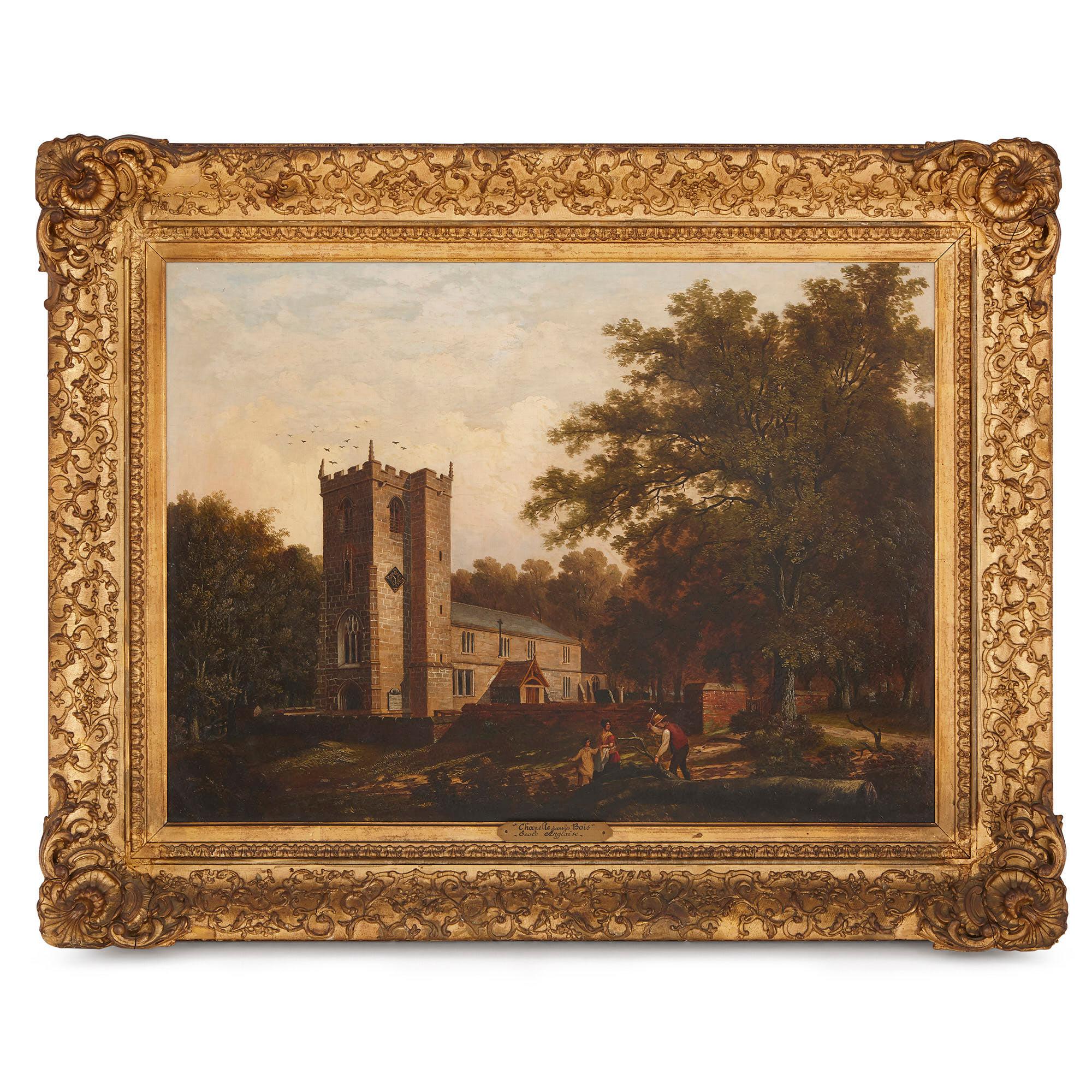 Landscape Painting di Unknown - Cappella nel Wood", dipinto olio su tela di English School