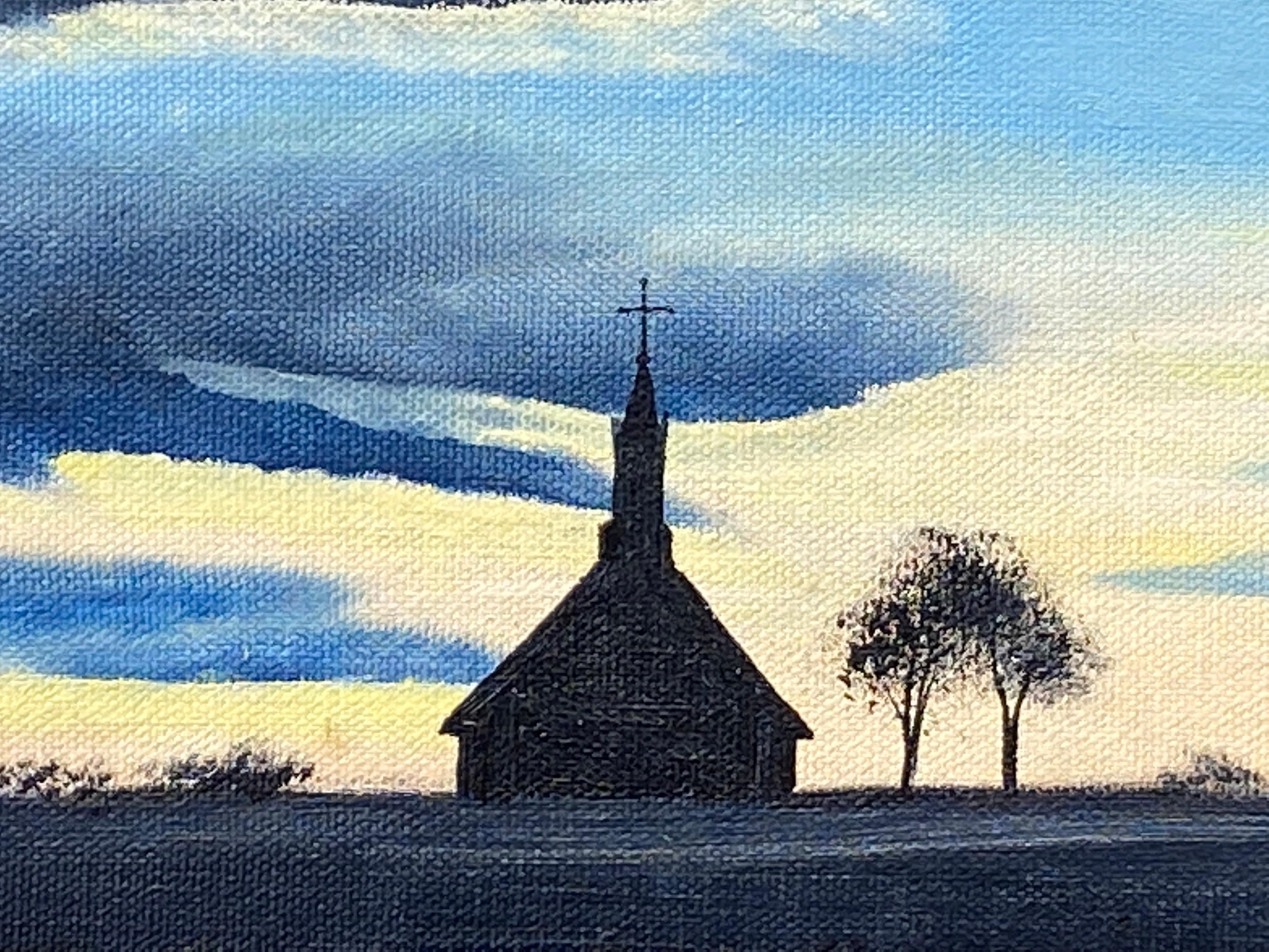 “”Chapel Sunrise” - Blue Landscape Painting by Unknown
