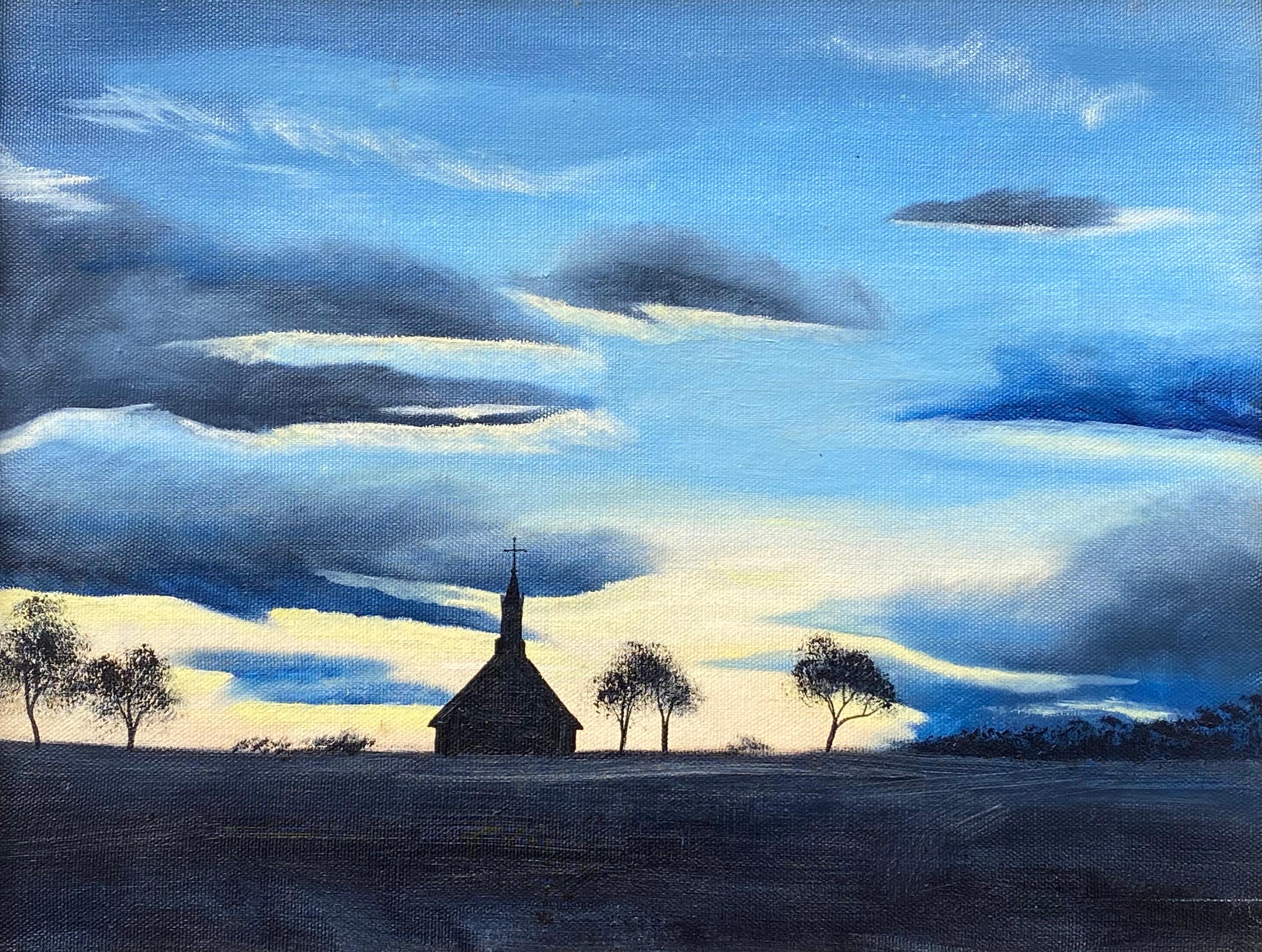 Original, dramatic oil on canvas painting of a chapel in sunrise. Unsigned. Circa 2010.  Condition is excellent. The painting is housed in a dark stained pine frame with gold leaf inner liner.  Overall framed measurements are 15.5 by 18.5 inches.