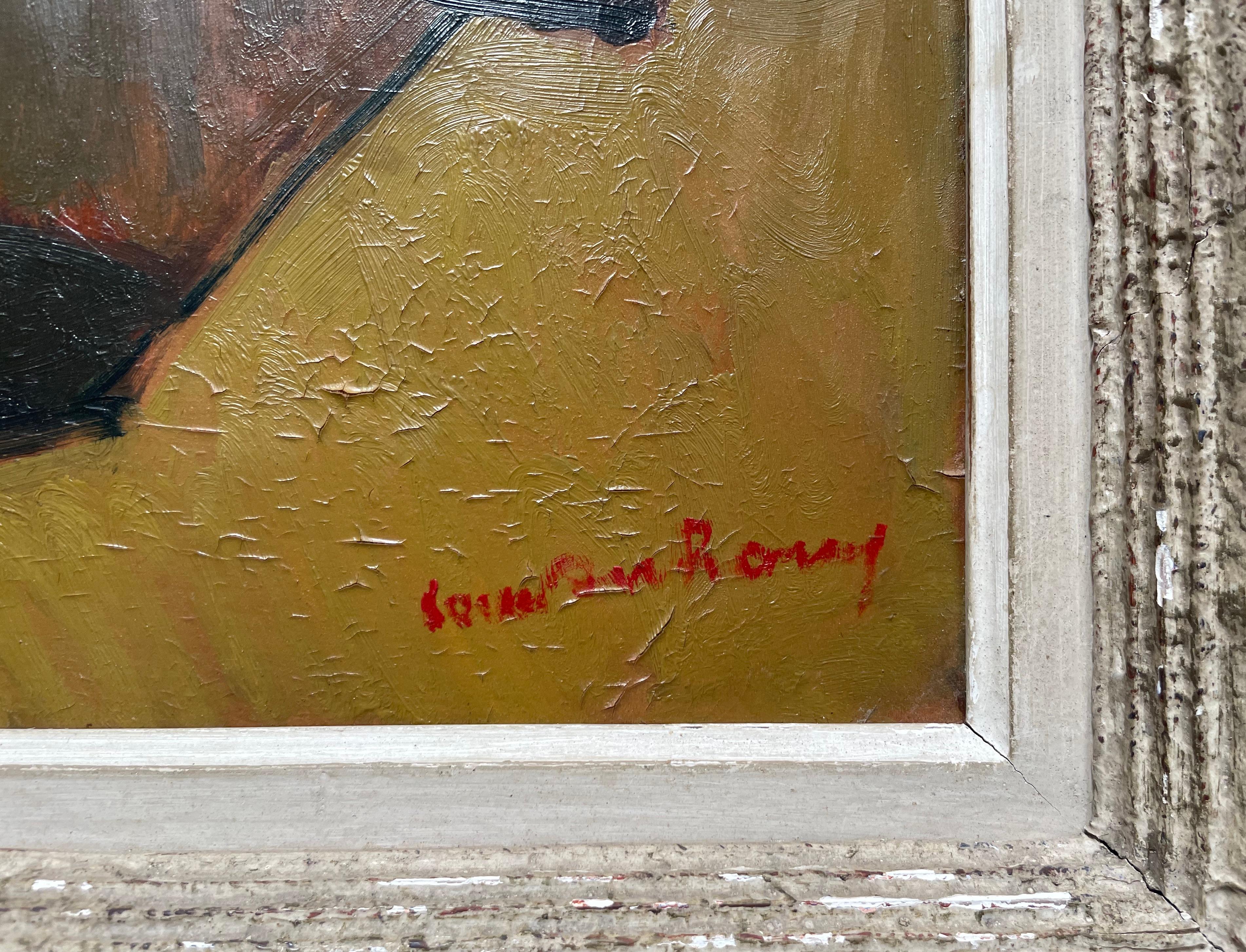Characters On A Platform, Signature To Be Identified - Black Figurative Painting by Unknown