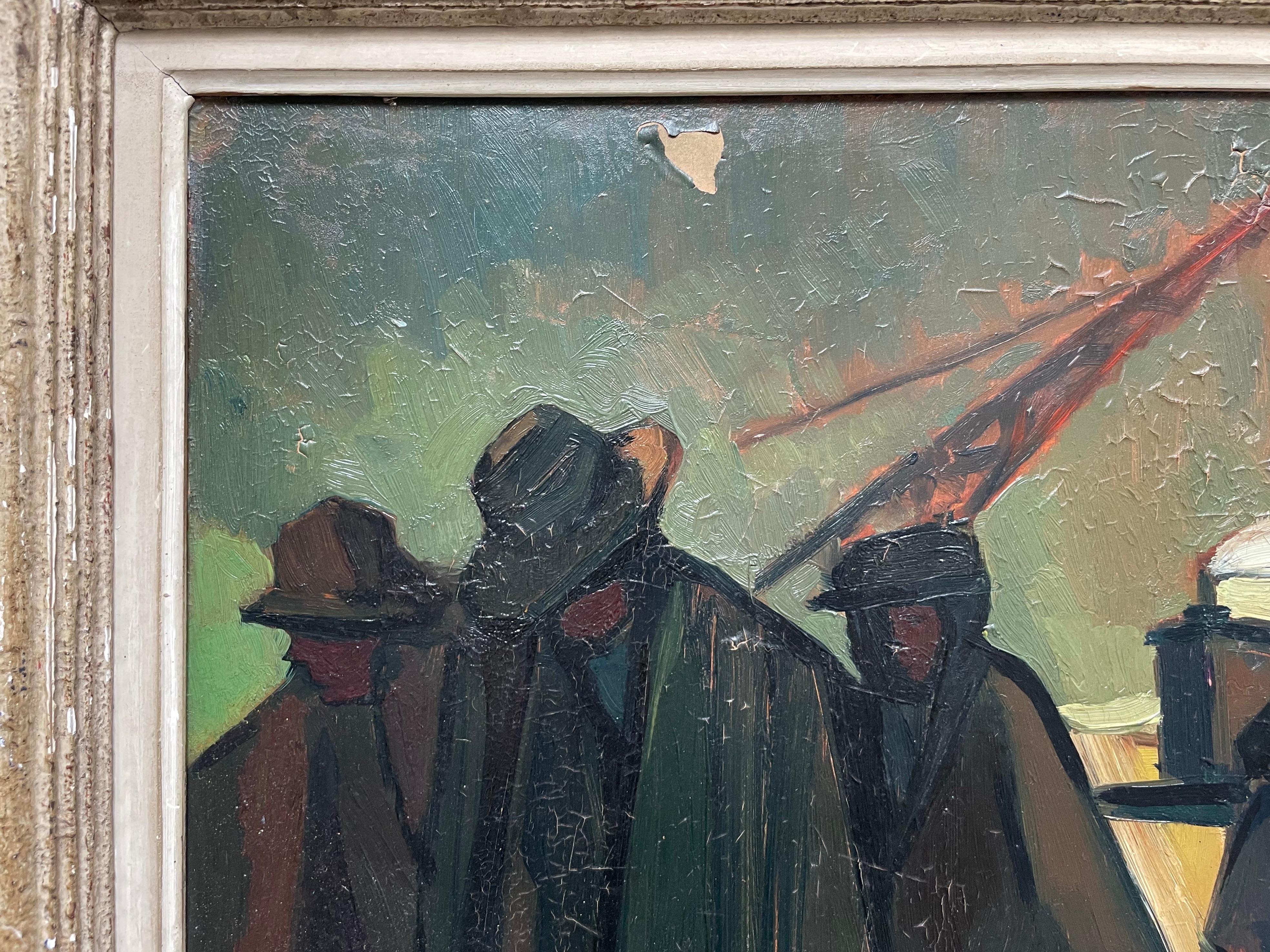Figures on a quay.  Oil on hardboard panel, signature to be identified at the bottom right, mid-20th century.  Cracks, lifting, missing paint.  Missing stucco and paint on the frame.  Panel: 50 x 61 cm  Frame: 65 x 77 cm