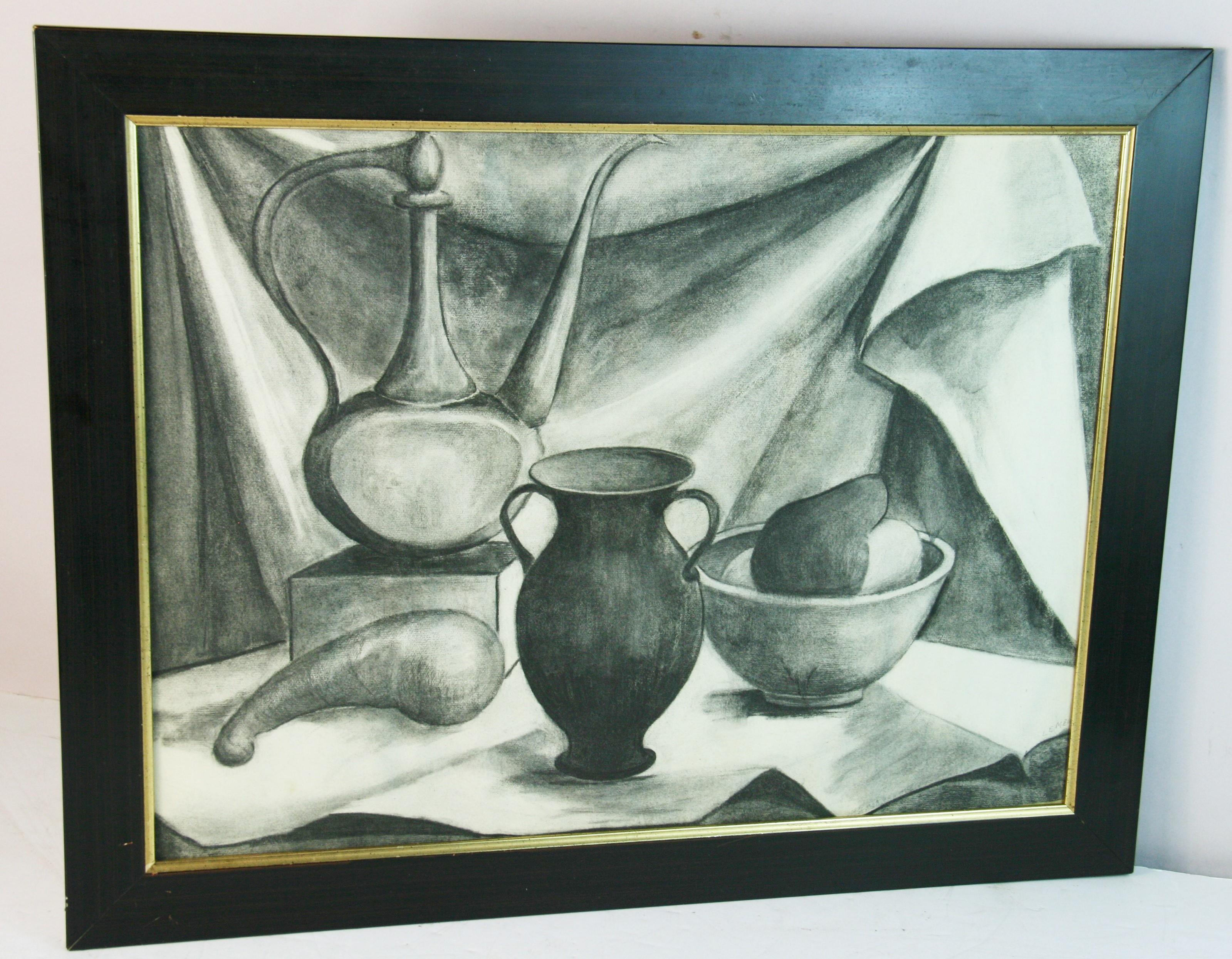 Unknown Still-Life Painting - Charcoal Table Setting Still Life Framed 1950's