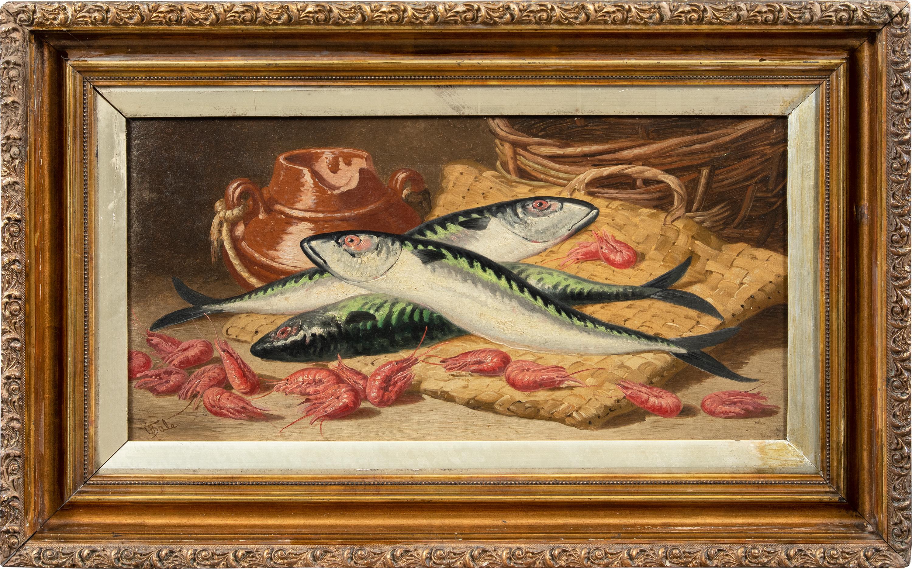 Charles Bale (britannique) - Peinture de nature morte du XIXe siècle - Poissons et crevettes