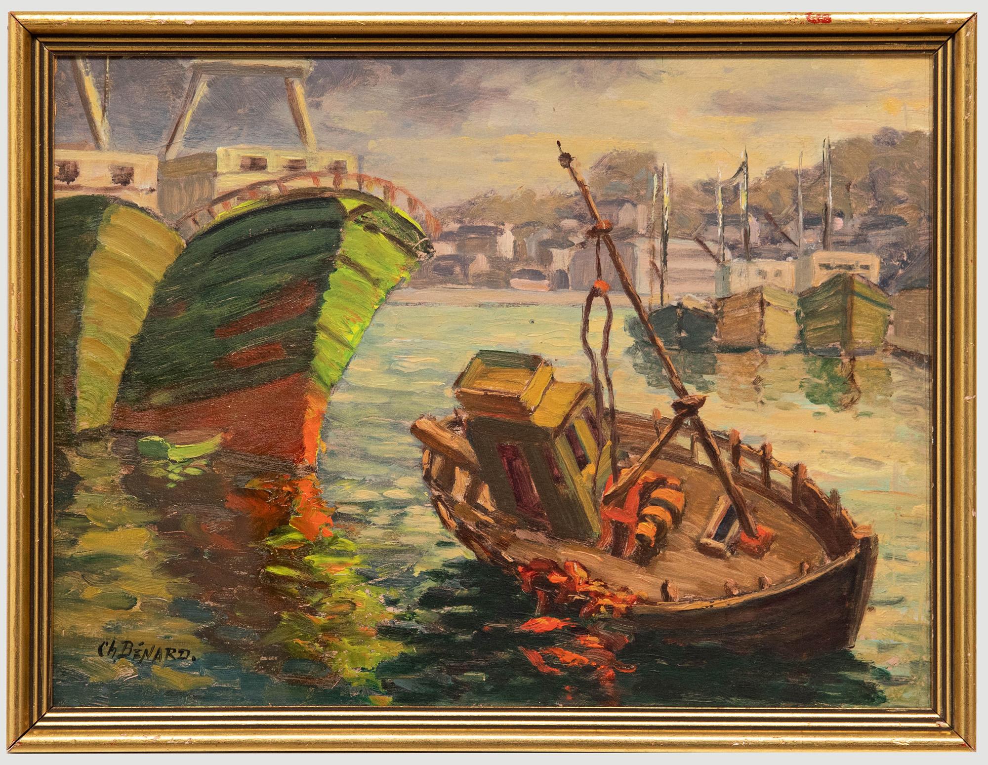 Unknown Figurative Painting – Charles Bernard – Ölgemälde, Hafen in der Dämmerung, frühes 20. Jahrhundert