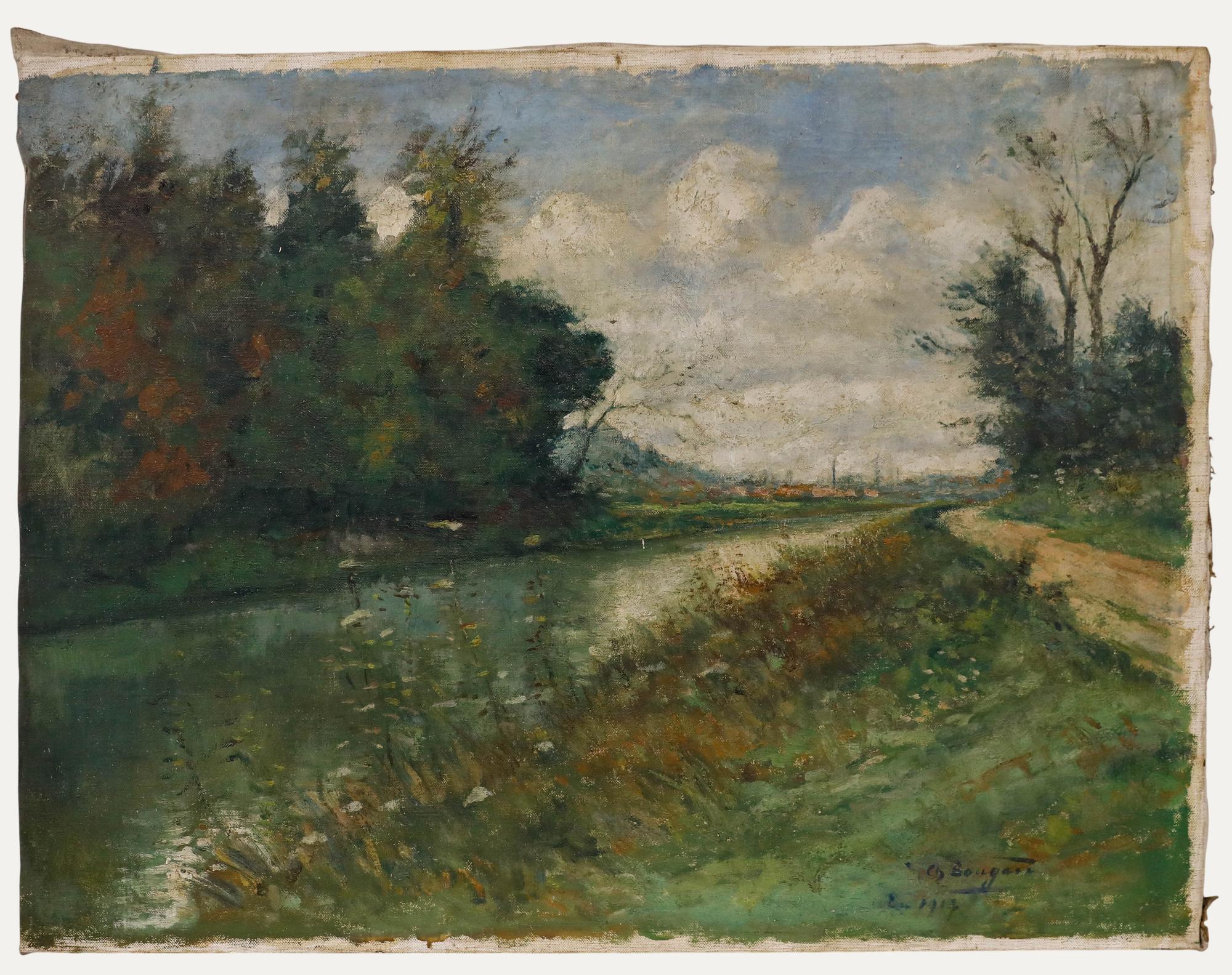 Charles Bougard (1865-1926) - 1917 Oil, Path by the River