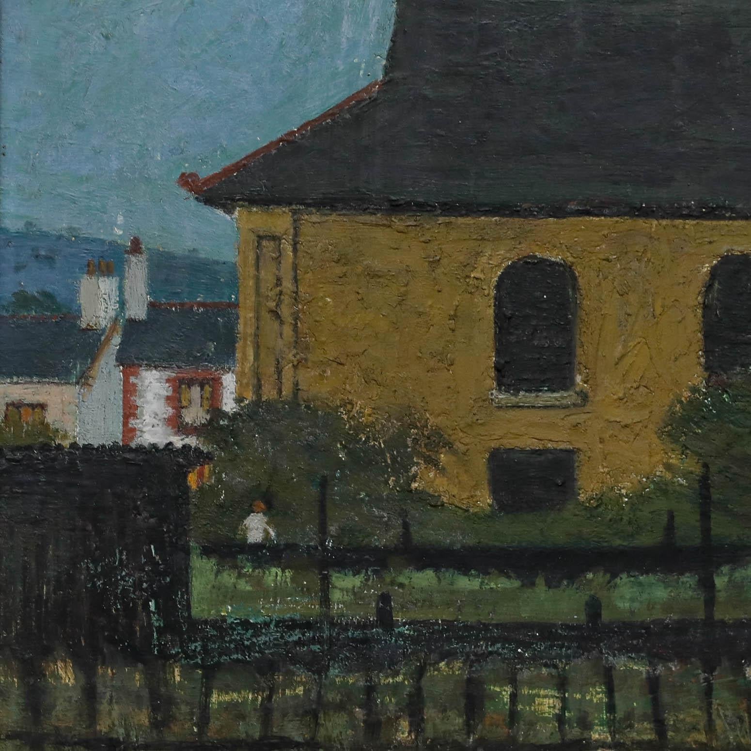 Ein charmantes Gemälde einer Kapelle des walisischen Künstlers Charles Burton (geb. 1929) vor einem blassblauen Himmel. Signiert unten rechts. Am unteren Rand unleserlich beschriftet. Gut präsentiert in einem schwarzen Rahmen. An Bord. Bildgröße: 29