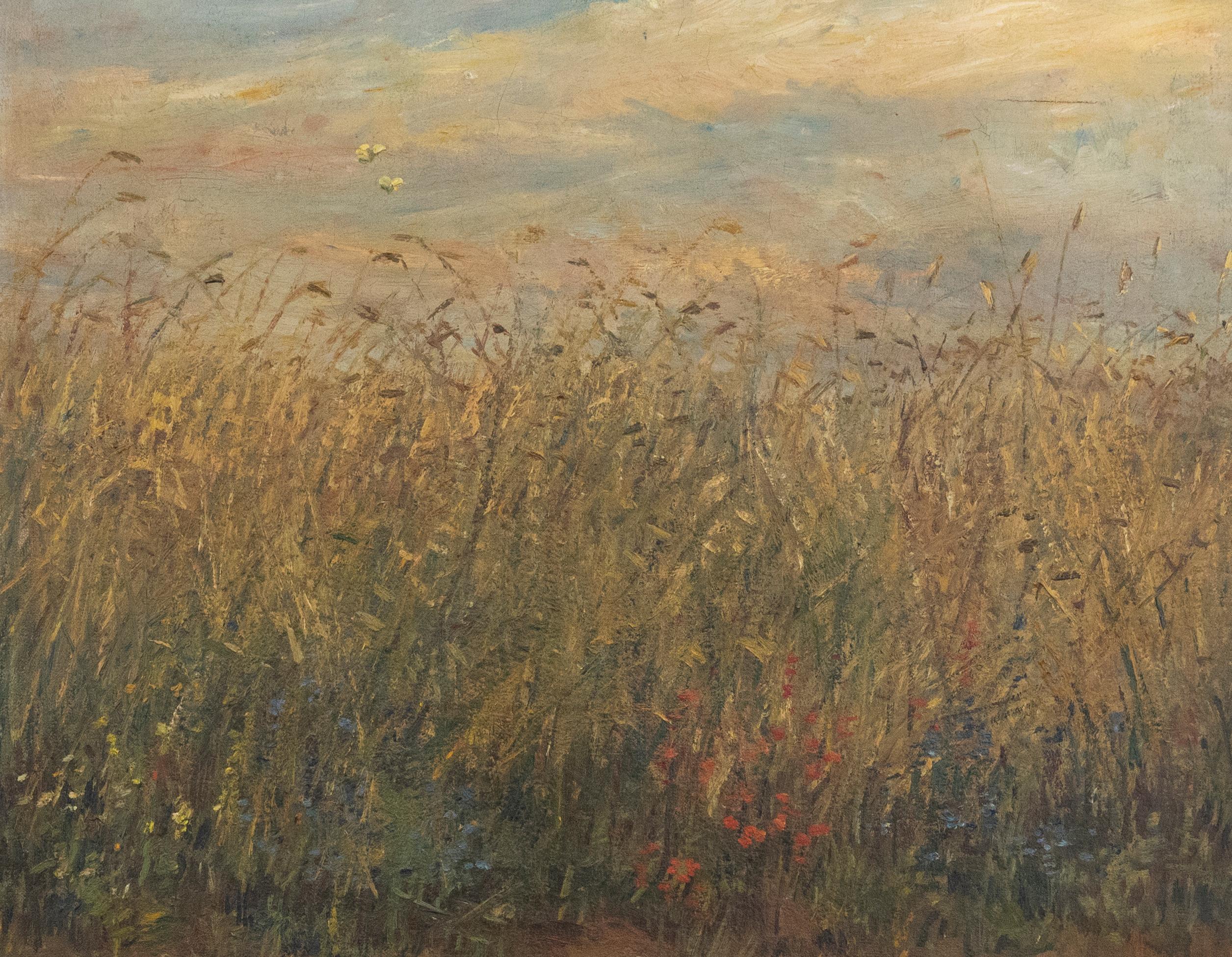 Charles Dony - 1947 Óleo, Campo de trigo con flores - Painting de Unknown