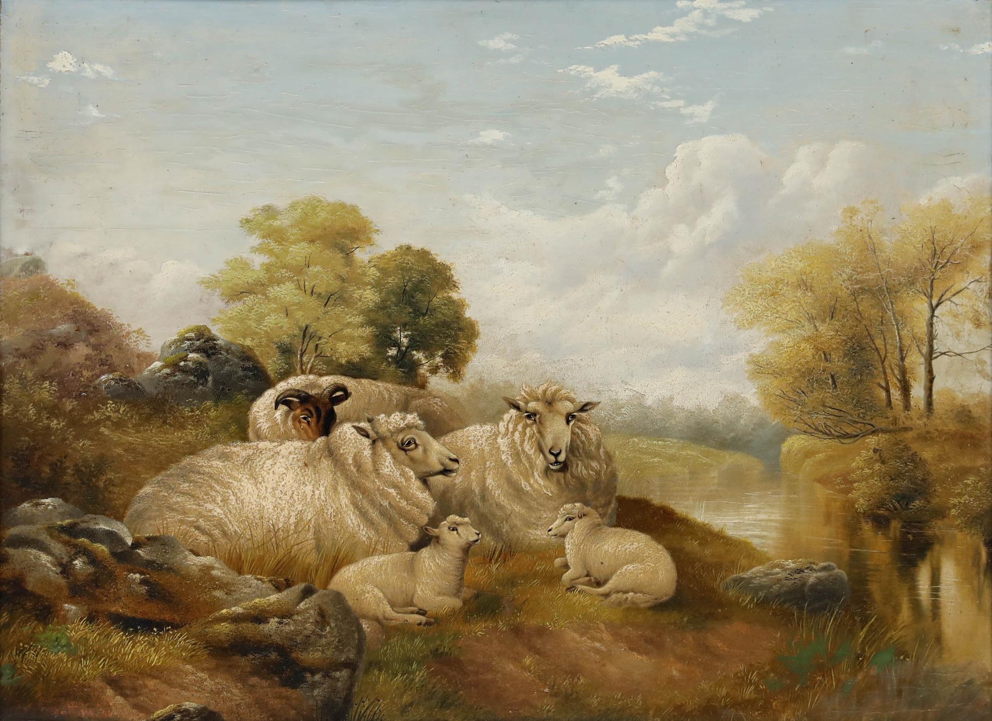 Charles Edward Brittan (1870-1949) - Gerahmtes Öl aus dem Jahr 1894, Schafe ruhen an einem Fluss – Painting von Unknown