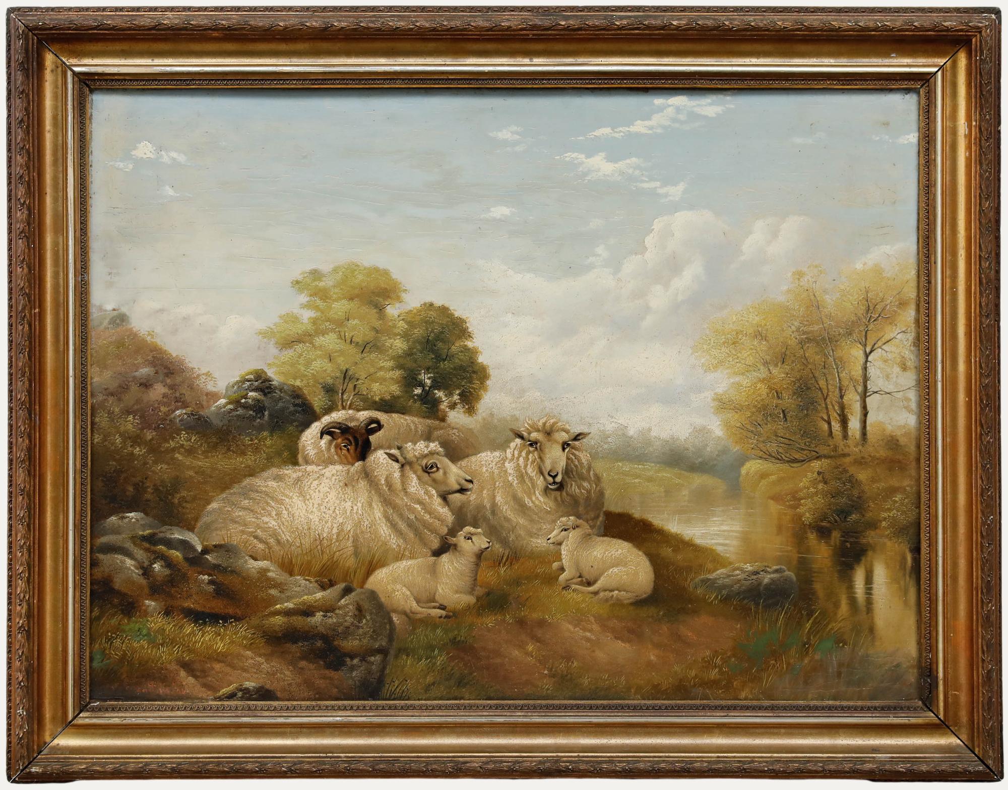 Charles Edwards (1870-1949) - Huile encadrée de 1894, Moutons se reposant au bord d
une rivière