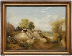 Charles Edward Brittan (1870-1949) - Gerahmtes Öl aus dem Jahr 1894, Schafe ruhen an einem Fluss