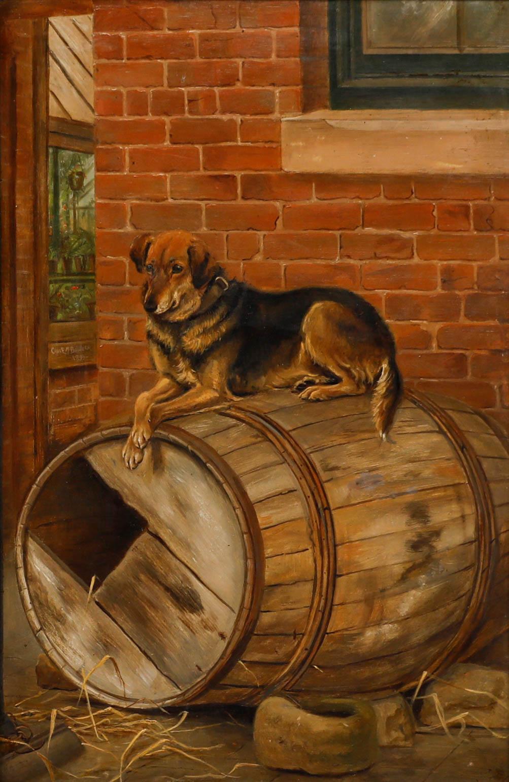Charles Edwin Baldock (1876-1941)- Olio incorniciato, Cane da fattoria che riposa su una botte - Painting di Unknown