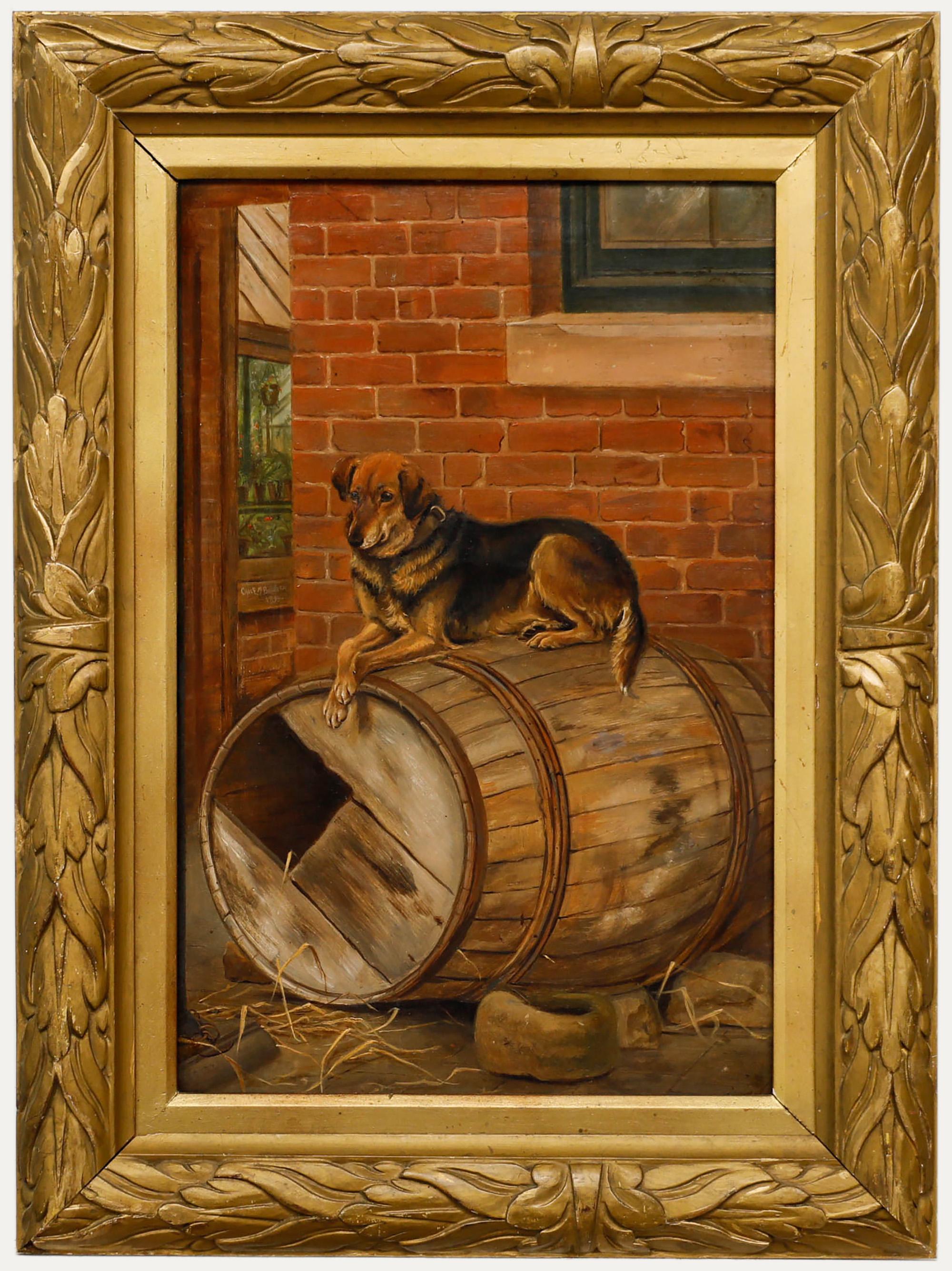 Animal Painting di Unknown - Charles Edwin Baldock (1876-1941)- Olio incorniciato, Cane da fattoria che riposa su una botte