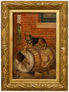 Charles Edwin Baldock (1876-1941)- Framed Oil, Farm Dog Resting on a Barrel