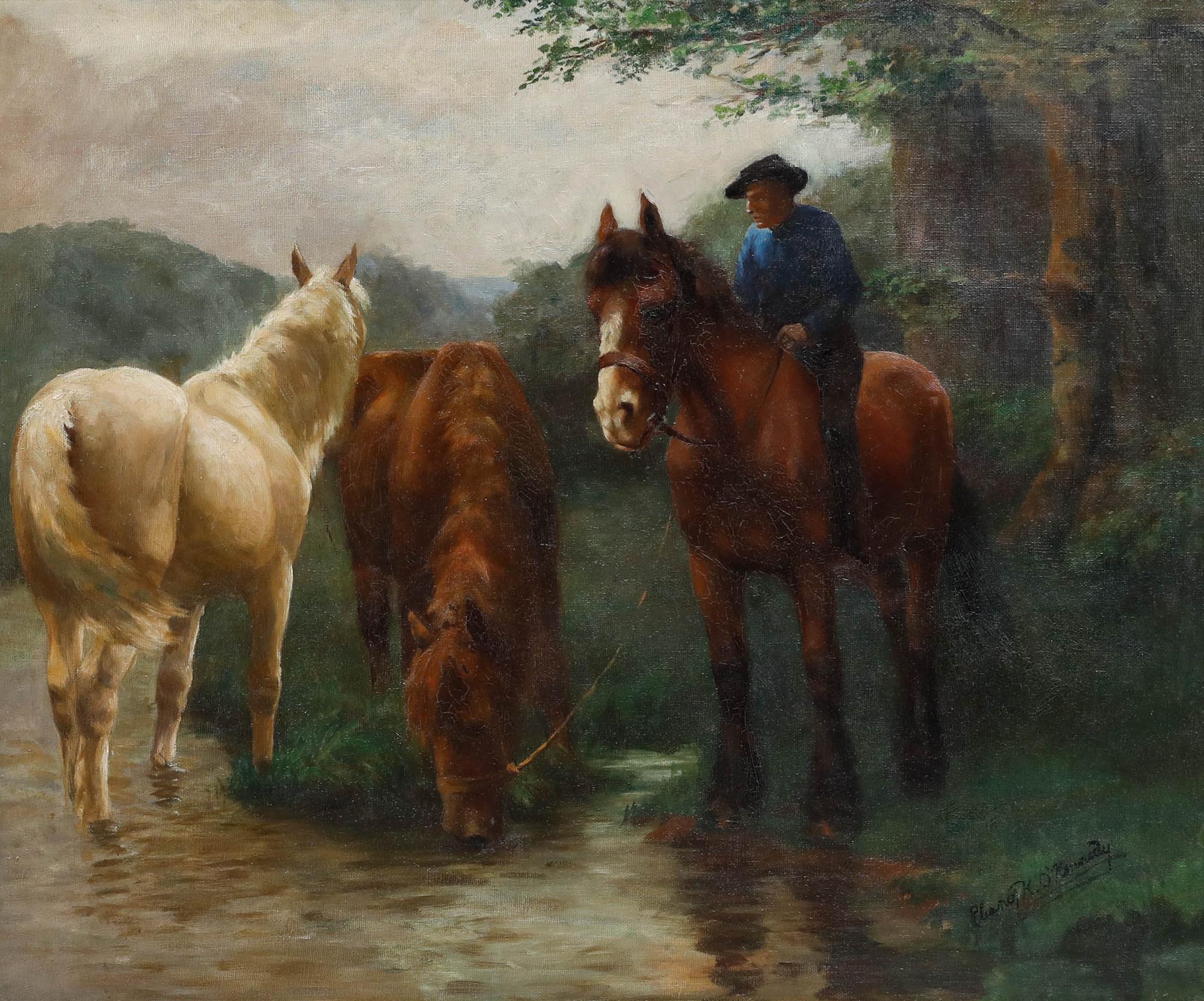 Charles K. O'Kennedy  - Olio dei primi del Novecento, Cavalli in riva al mare - Painting di Unknown