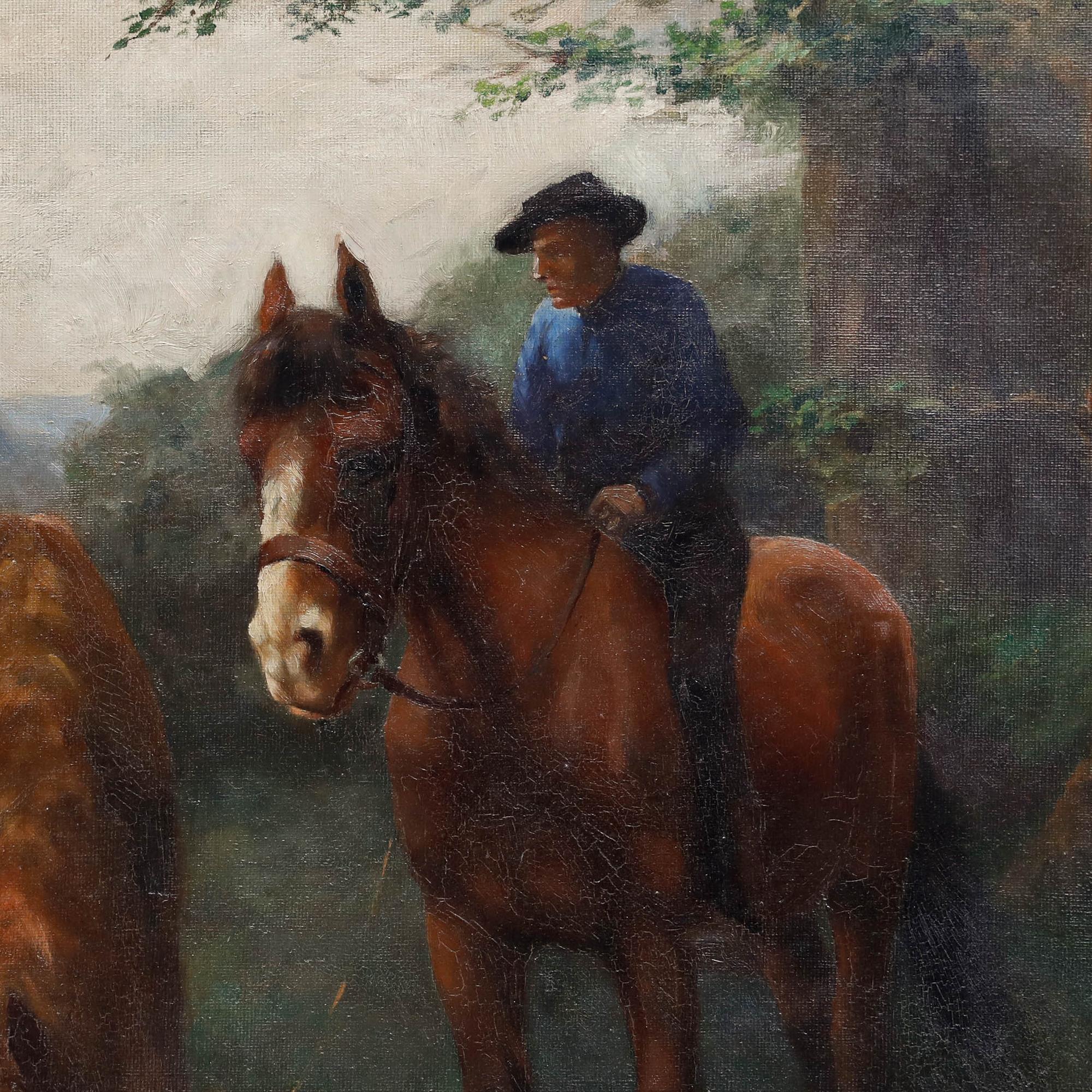 Questo suggestivo dipinto raffigura una scena tranquilla di tre cavalli e un cavaliere riuniti ai bordi di un ruscello nebbioso in un bosco. La composizione bilancia i toni caldi dei manti dei cavalli con lo sfondo fresco e ombroso della foresta,