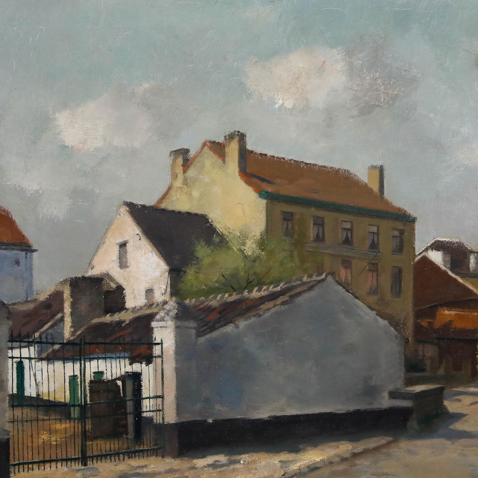 A charming mid 20th century street scene by the Belgian artist Charles Lebon (1906-1957), featuring sun-drenched buildings with terracotta rooftops. Lebon employs a muted colour palette and soft, considered brushwork to evoke the quiet serenity of