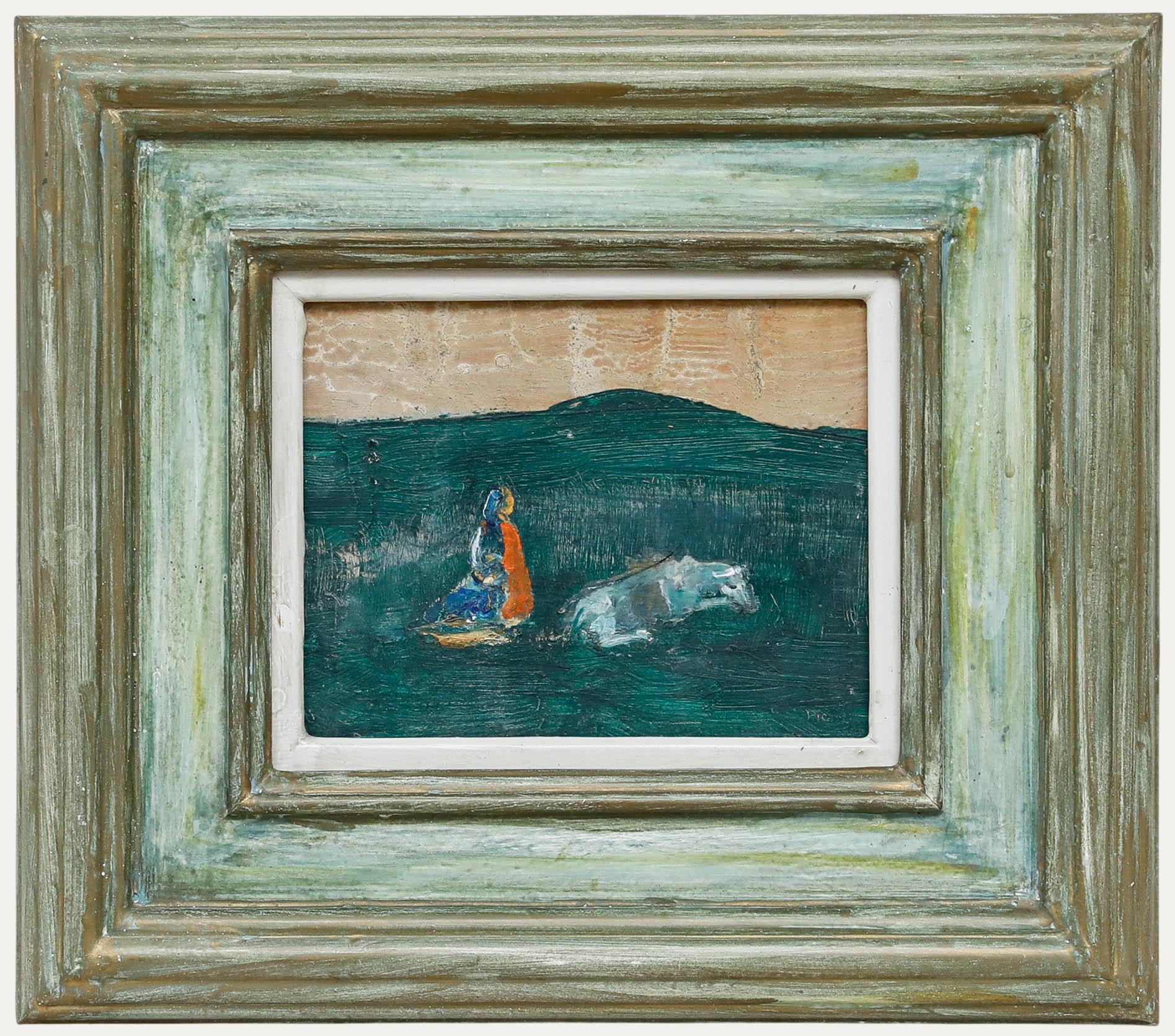 Unknown Animal Painting – Charles S. Higgins (1893-1980) - Mitte 20. Jahrhundert Öl, Die kranke Kuh