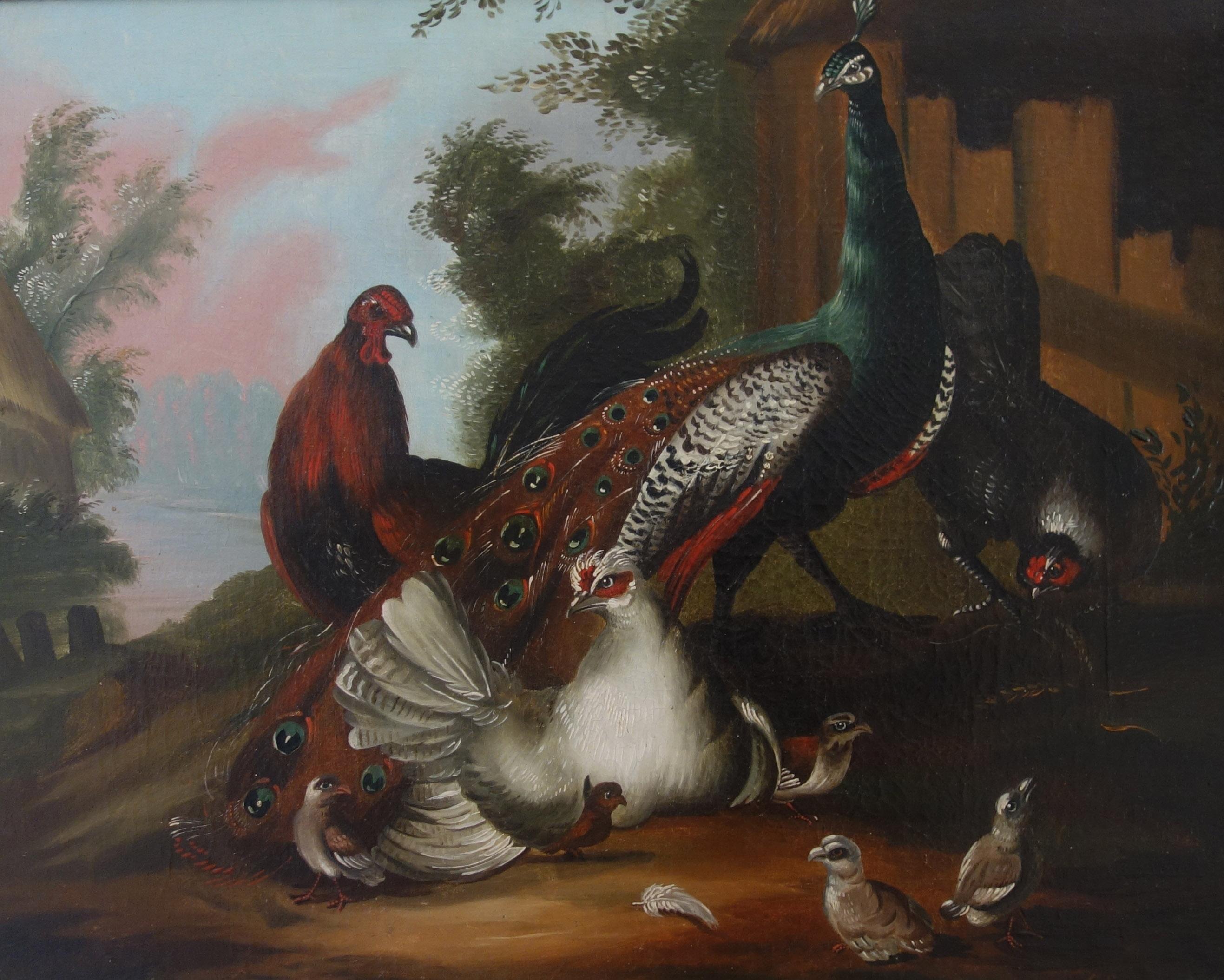 Unknown Landscape Painting - Charles Steuart (active 1762-1790) Peacock and Ornamental Fowl in a Landscape
