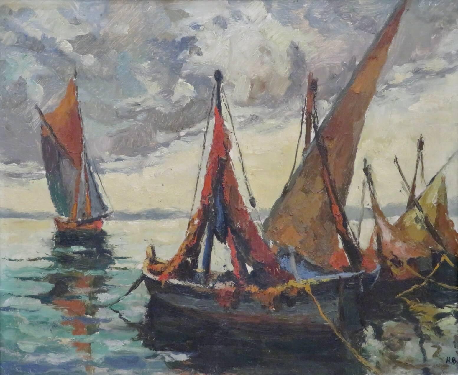 CHARMING French Post Impressionist MARINE oil painting INITIALLED 'H.B.' c.1940 - Painting by Unknown