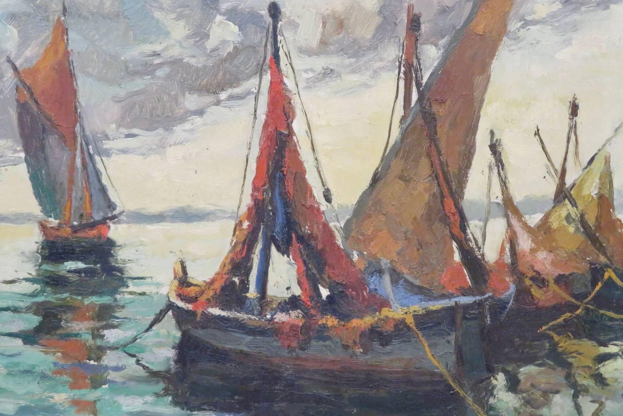 CHARMING French Post Impressionist MARINE oil painting INITIALLED 'H.B.' c.1940 - Brown Landscape Painting by Unknown