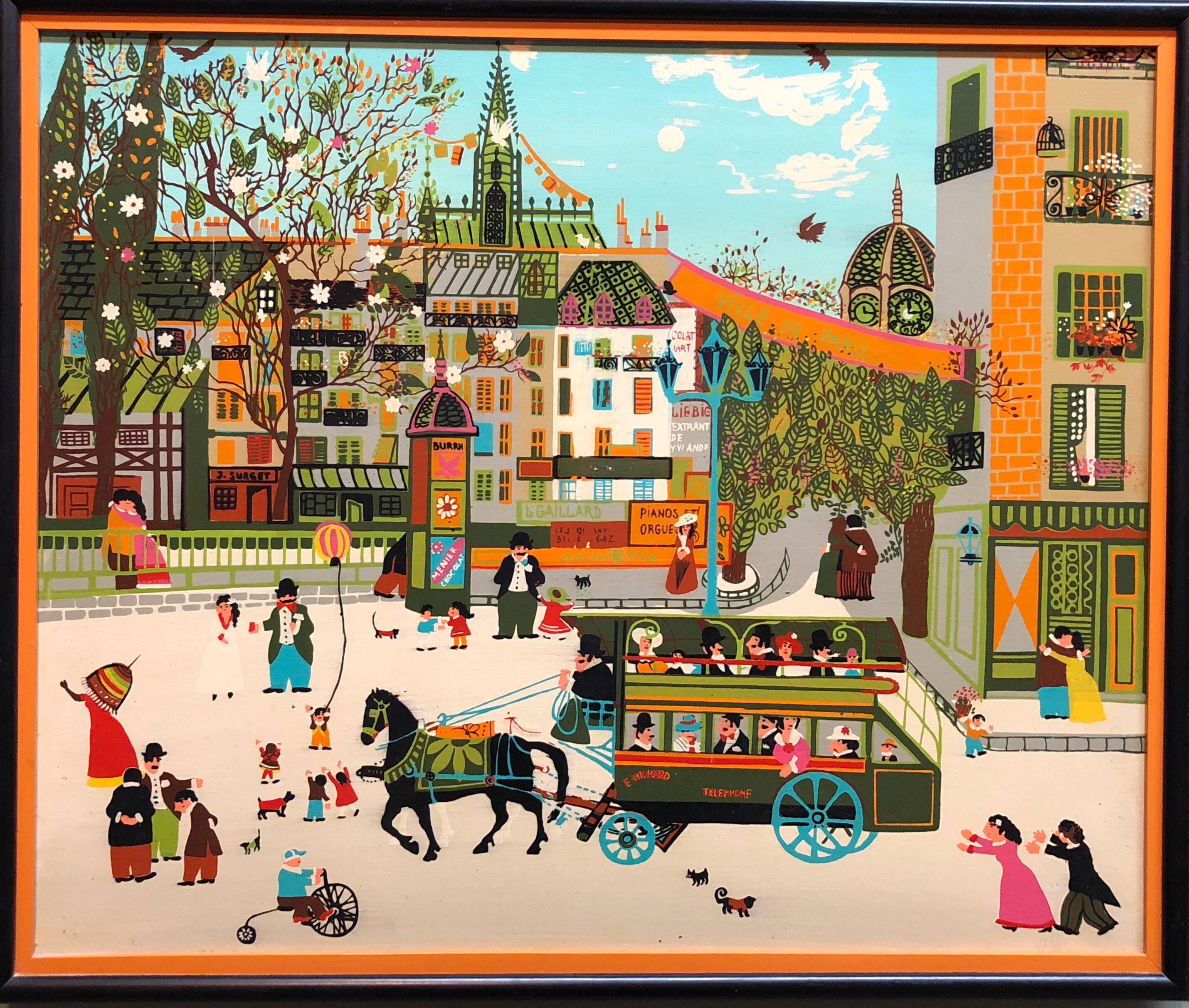 Charming Vintage 1970s French Naive Paris Street Scene Folk Art Style - Painting by Unknown