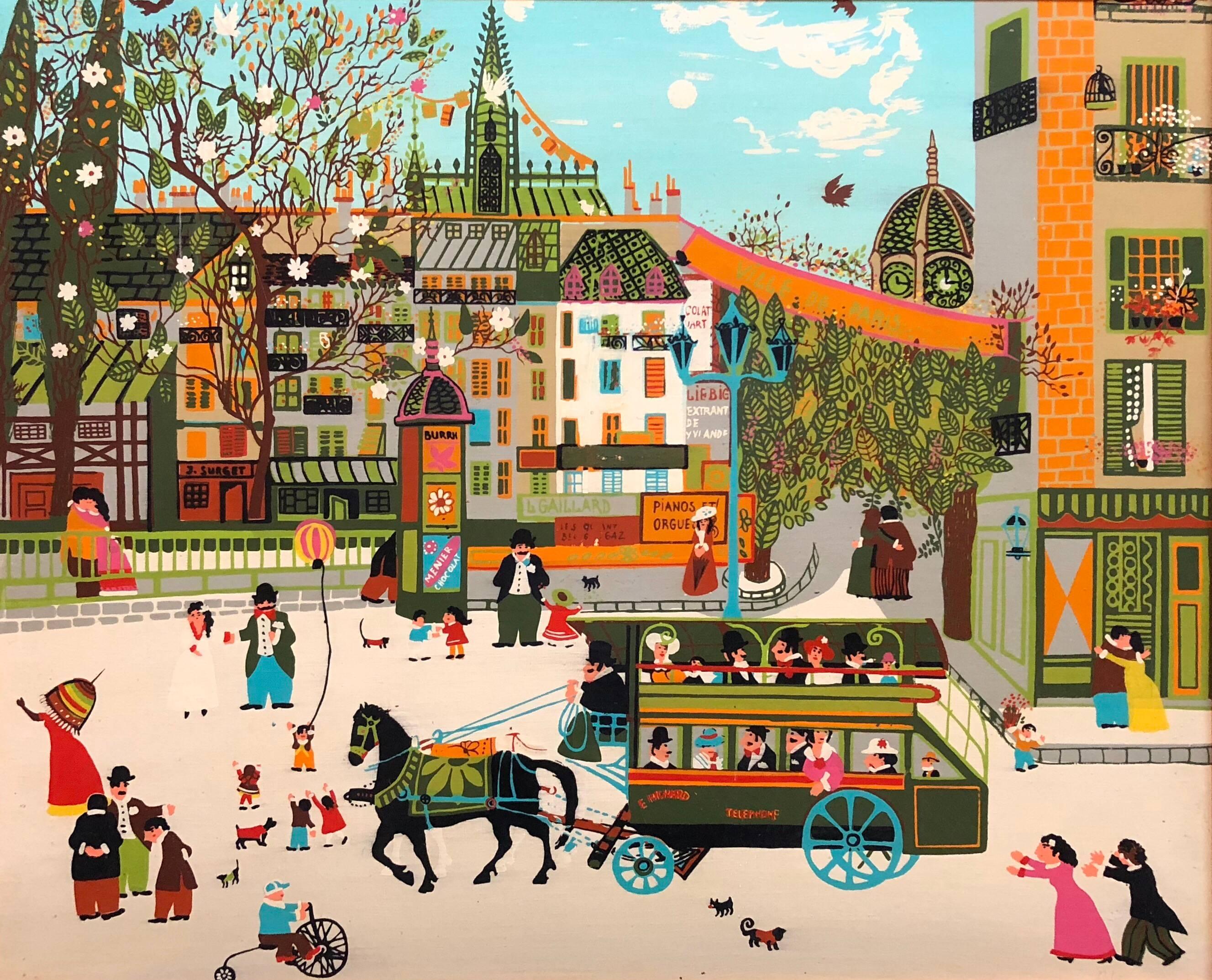 Unknown Figurative Painting - Charming Vintage 1970s French Naive Paris Street Scene Folk Art Style