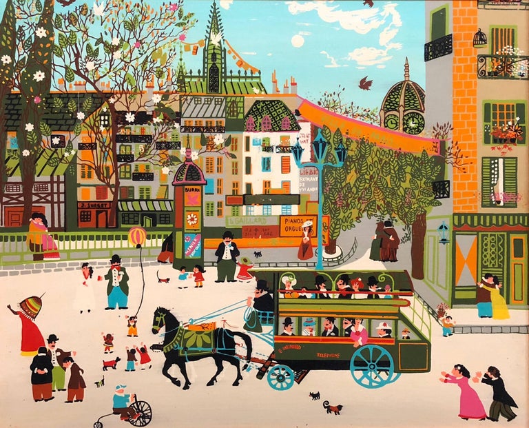 Unknown Figurative Painting - Charming Vintage 1970s French Naive Paris Street Scene Folk Art Style Painting